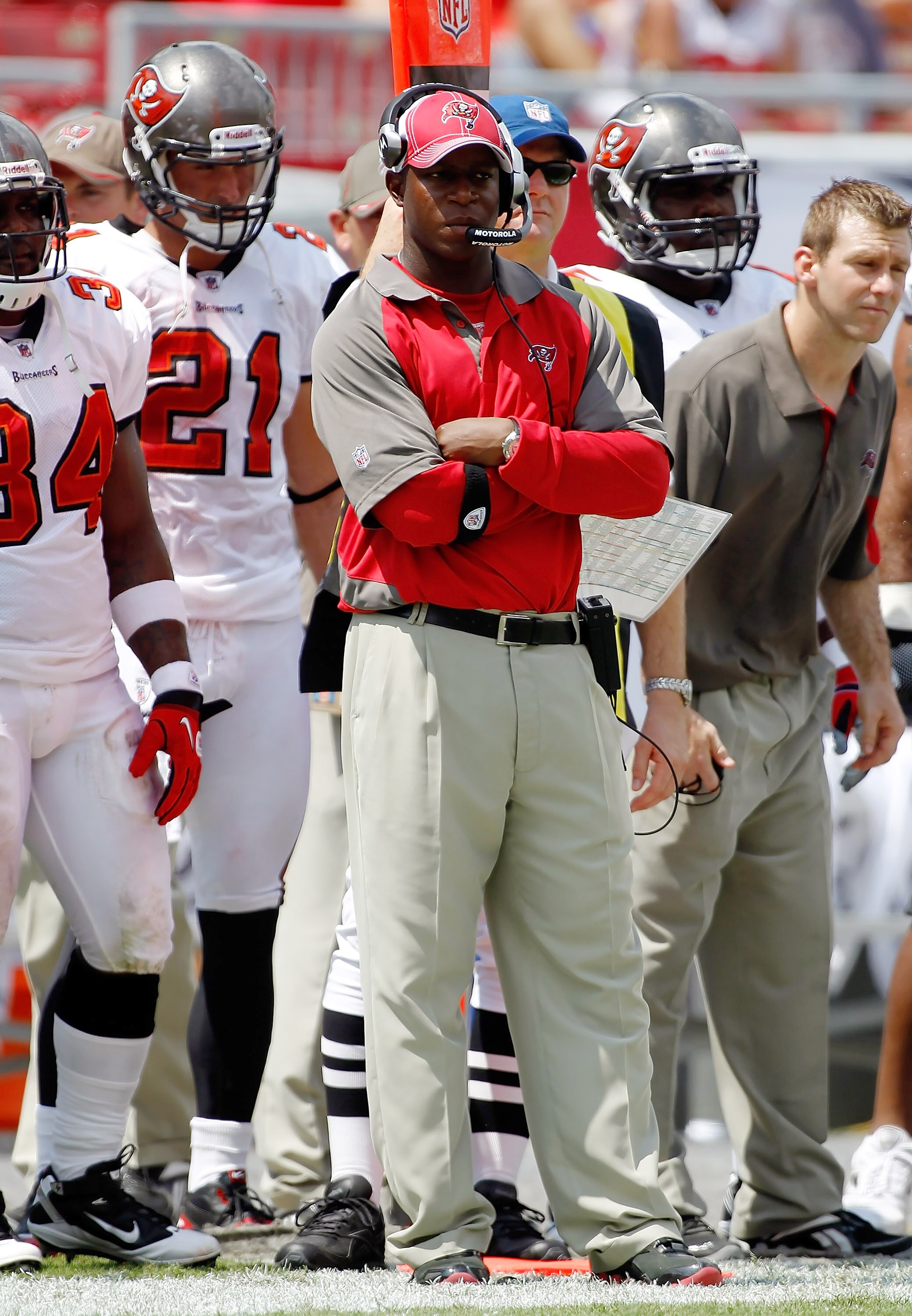 TAMPA, FL - SEPTEMBER 12:  Head coach Raheem Morris of the Tampa Bay Buccaneers watches his team against the Cleveland Browns during the NFL season opener game at Raymond James Stadium on September 12, 2010 in Tampa, Florida.  (Photo by J. Meric/Getty Ima