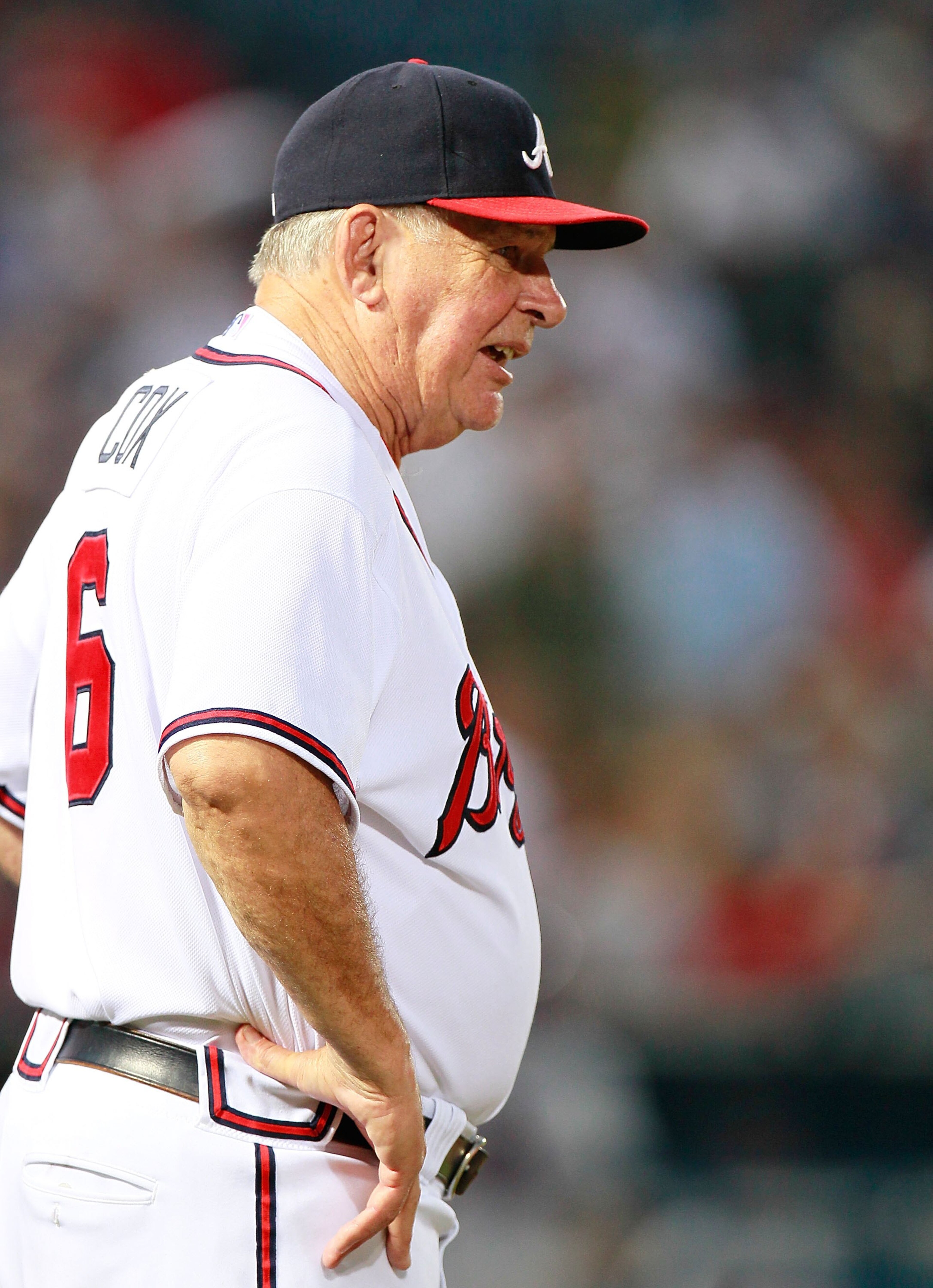 ATLANTA - SEPTEMBER 01: Manager Bobby Cox #6 of the Atlanta Braves against the New York Mets at Turner Field on September 1, 2010 in Atlanta, Georgia. (Photo by Kevin C. Cox/Getty Images) ATLANTA - SEPTEMBER 01: Manager Bobby Cox #6 of the Atlanta Braves against the New York Mets at Turner Field on September 1, 2010 in Atlanta, Georgia. (Photo by Kevin C. Cox/Getty Images)