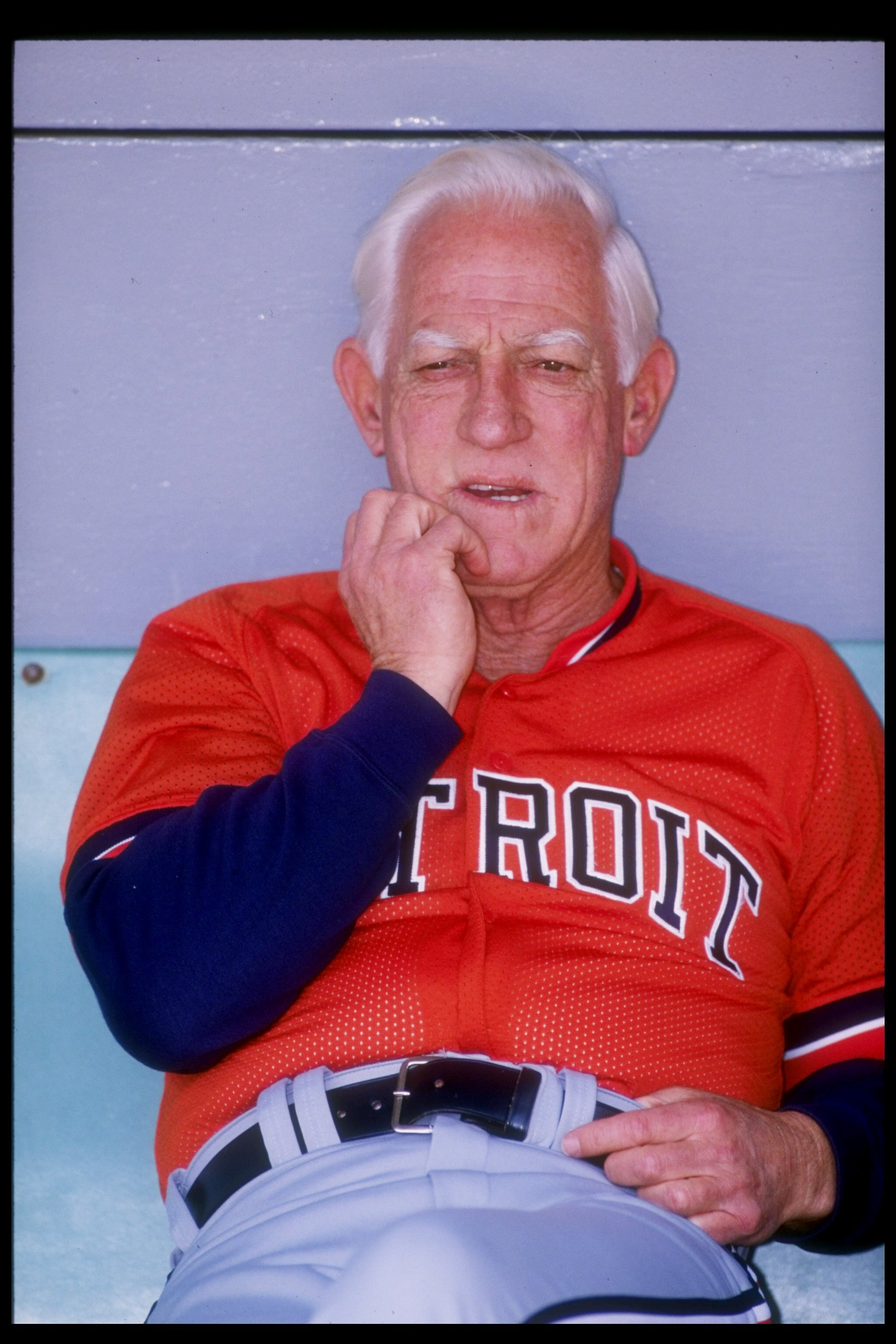 13 May 1992: Manager Sparky Anderson of the Detroit Tigers looks on during a game against the California Angels at Anaheim Stadium in Anaheim, California.