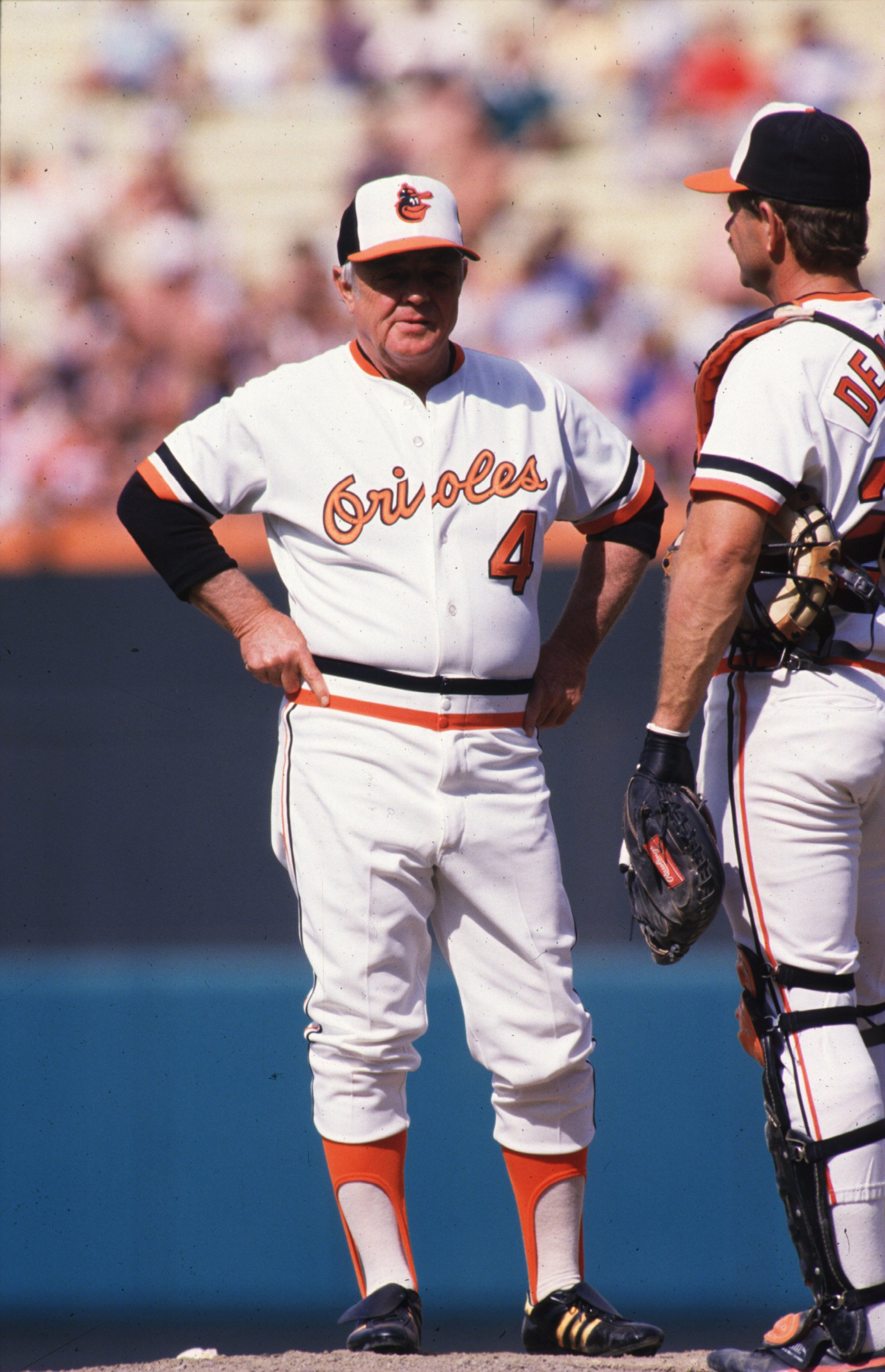 11 May 1986: Manager Earl Weaver (left) of the Baltimore Orioles talks with catcher Rick Dempsey on the mound during a pitching change in an Orioles home game. Mandatory Credit: Allsport USA/ALLSPORT 11 May 1986: Manager Earl Weaver (left) of the Baltimore Orioles talks with catcher Rick Dempsey on the mound during a pitching change in an Orioles home game. Mandatory Credit: Allsport USA/ALLSPORT