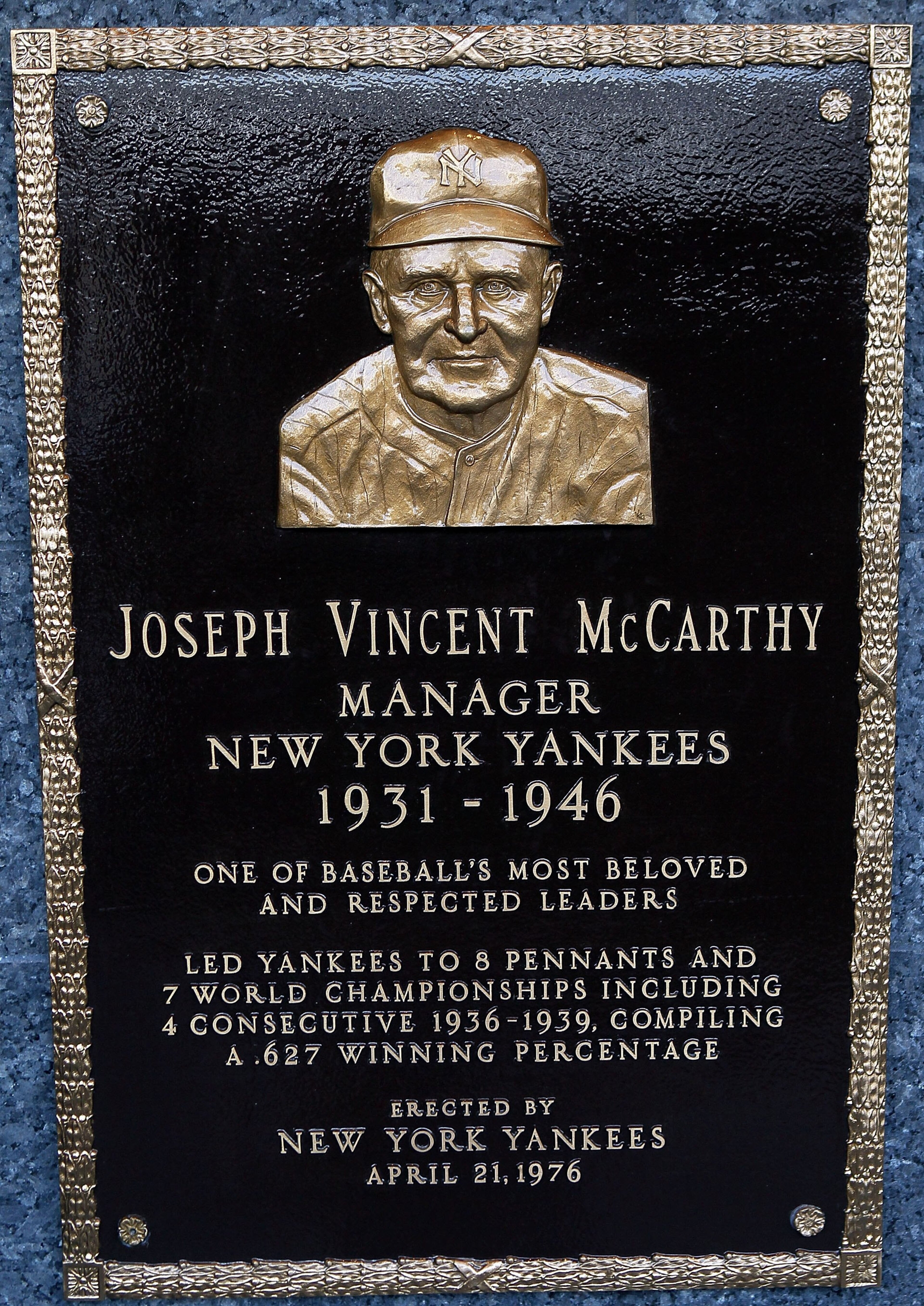 NEW YORK - MAY 02: The plaque of Joe McCarthy is seen in Monument Park at Yankee Stadium prior to the game between the New York Yankees and the Chicago White Sox on May 2, 2010 in the Bronx borough of New York City. The Yankees defeated the White Sox 12- NEW YORK - MAY 02: The plaque of Joe McCarthy is seen in Monument Park at Yankee Stadium prior to the game between the New York Yankees and the Chicago White Sox on May 2, 2010 in the Bronx borough of New York City. The Yankees defeated the White Sox 12-