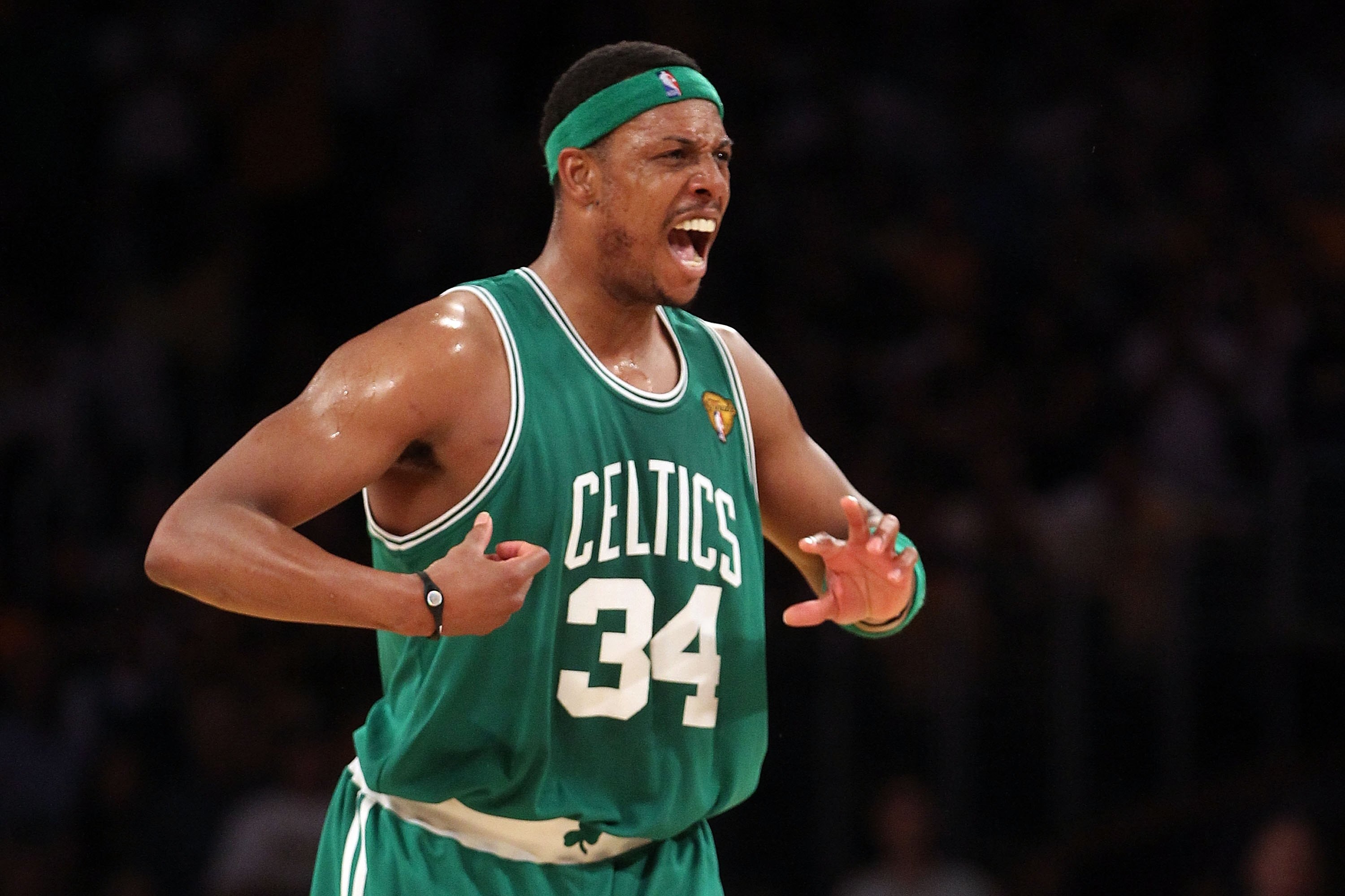 LOS ANGELES, CA - JUNE 17:  Paul Pierce #34 of the Boston Celtics reacts with taking on the Los Angeles Lakers in Game Seven of the 2010 NBA Finals at Staples Center on June 17, 2010 in Los Angeles, California.  NOTE TO USER: User expressly acknowledges a