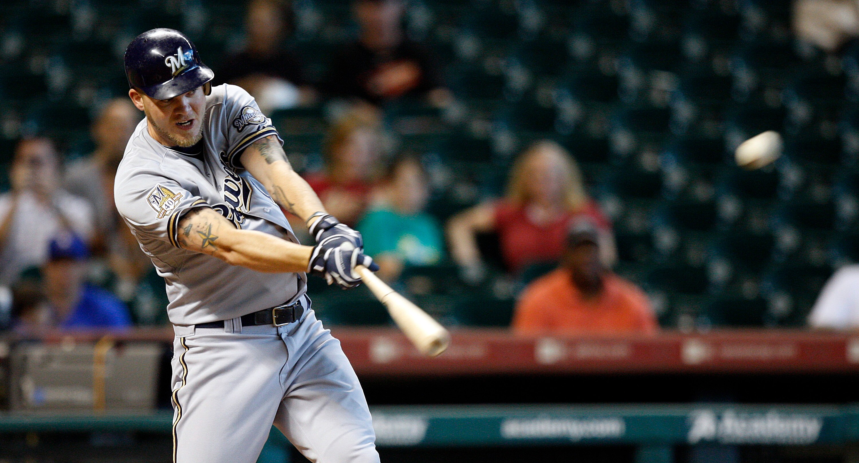 HOUSTON - SEPTEMBER 15:  Corey Hart #1 of the Milwaukee Brewers doubles to right center field in the first inning against the Houston Astros at Minute Maid Park on September 15, 2010 in Houston, Texas.  (Photo by Bob Levey/Getty Images)