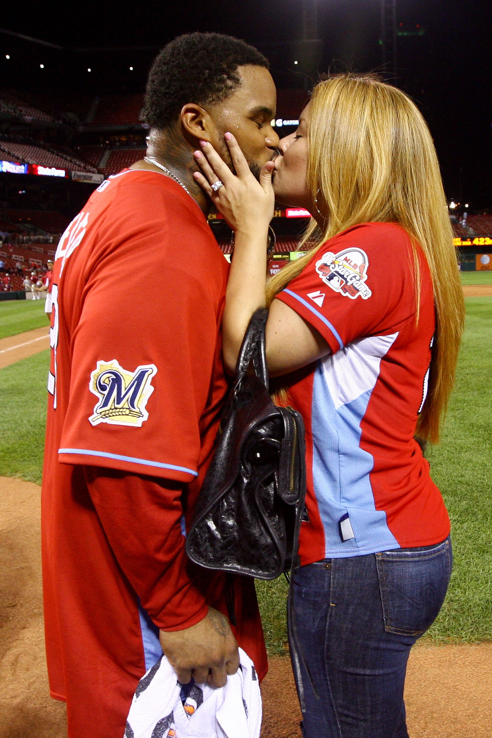 ST LOUIS, MO - JULY 13:  National League All-Star Prince Fielder of the Milwaukee Brewers gets a kiss from a loved one after winning the State Farm Home Run Derby at Busch Stadium on July 13, 2009 in St. Louis, Missouri.  (Photo by Jamie Squire/Getty Imag