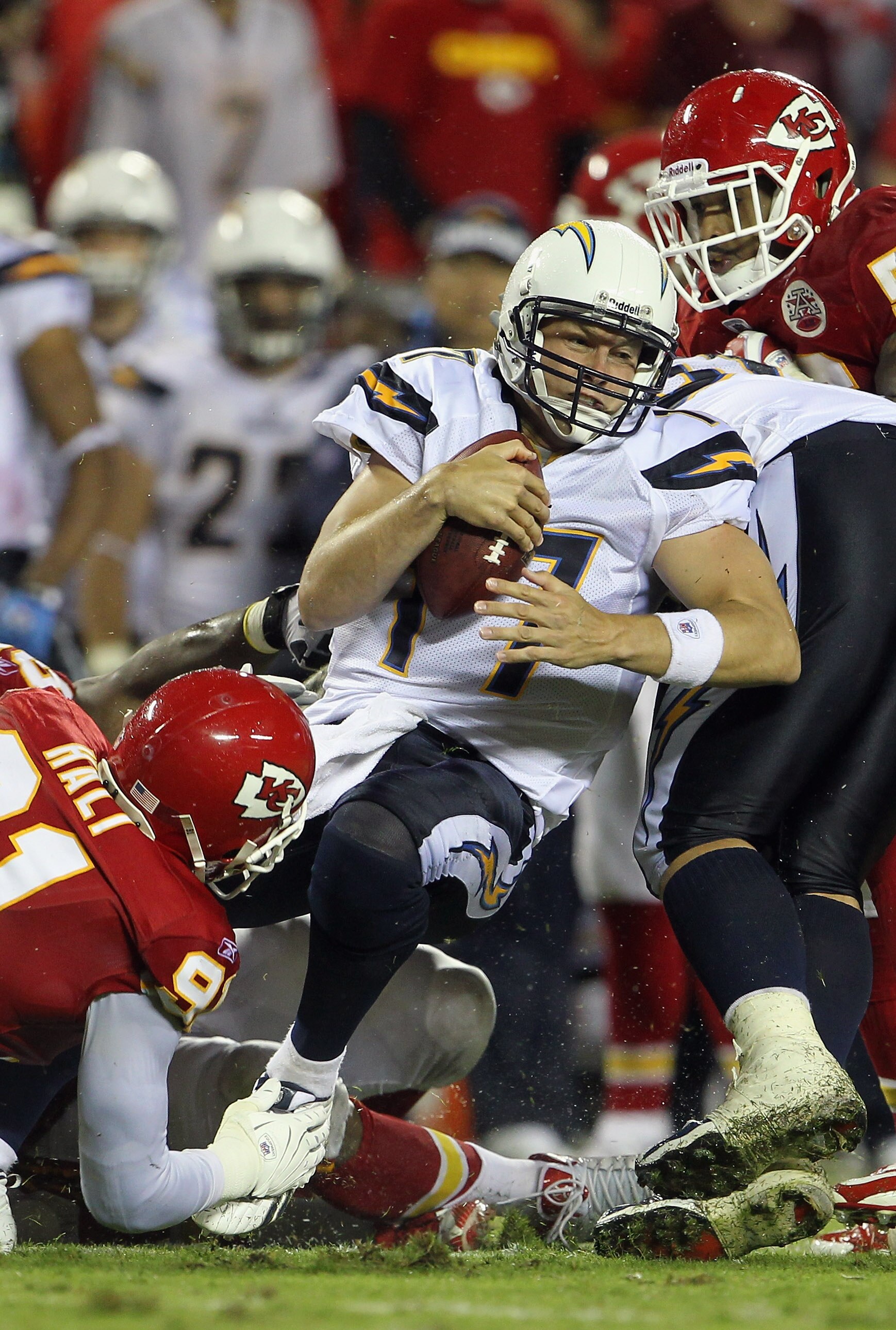 KANSAS CITY, MO - SEPTEMBER 13:  Quarterback Philip Rivers #17 of the San Diego Chargers is sacked during the game against the Kansas City Chiefs on September 13, 2010 at Arrowhead Stadium in Kansas City, Missouri.  (Photo by Jamie Squire/Getty Images)