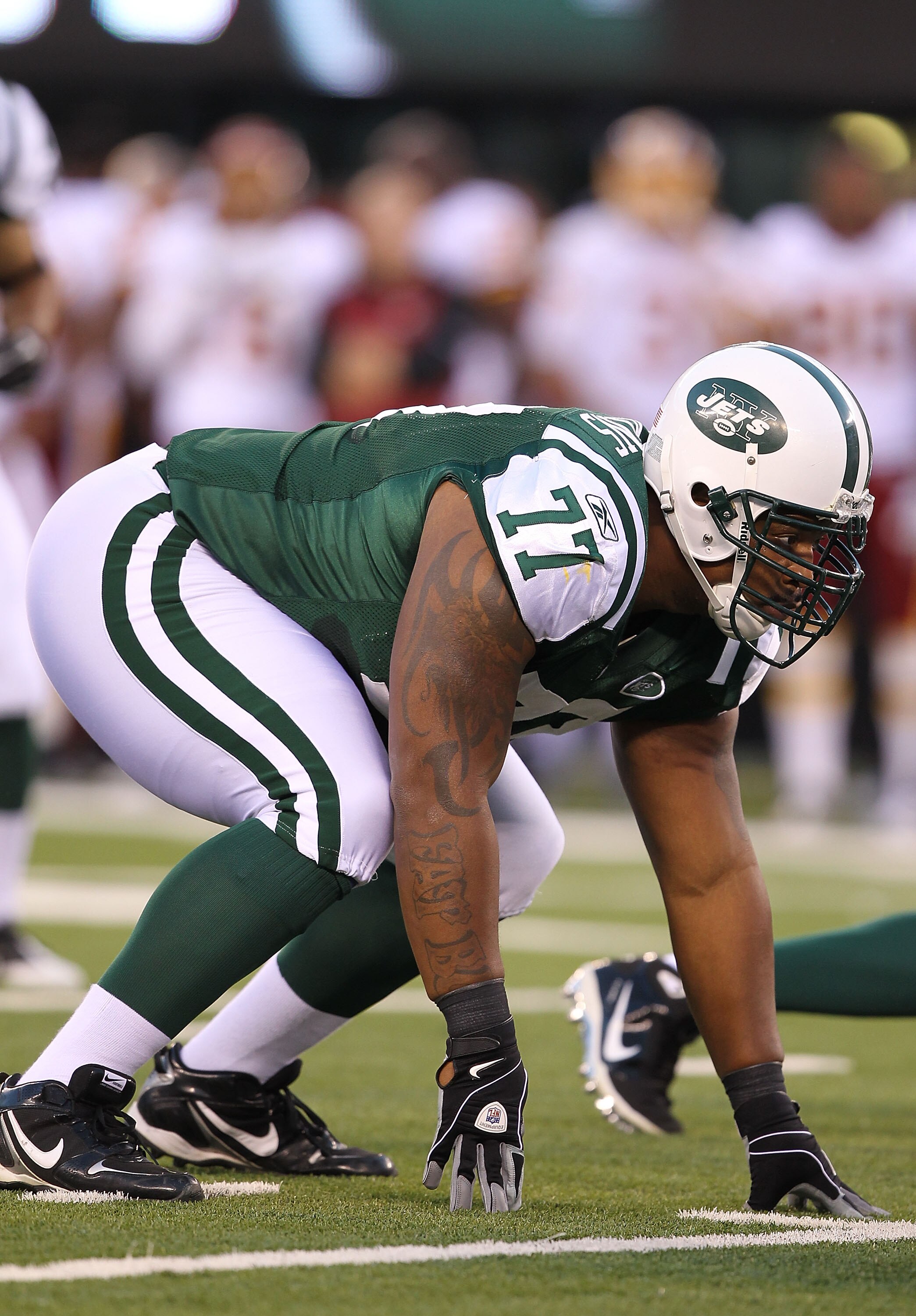 EAST RUTHERFORD, NJ - AUGUST 27:  Kris Jenkins #77 of the New York Jets in action against the Washington Redskins  during their preseason game on August 27, 2010 at the New Meadowlands Stadium  in East Rutherford, New Jersey.  (Photo by Al Bello/Getty Ima