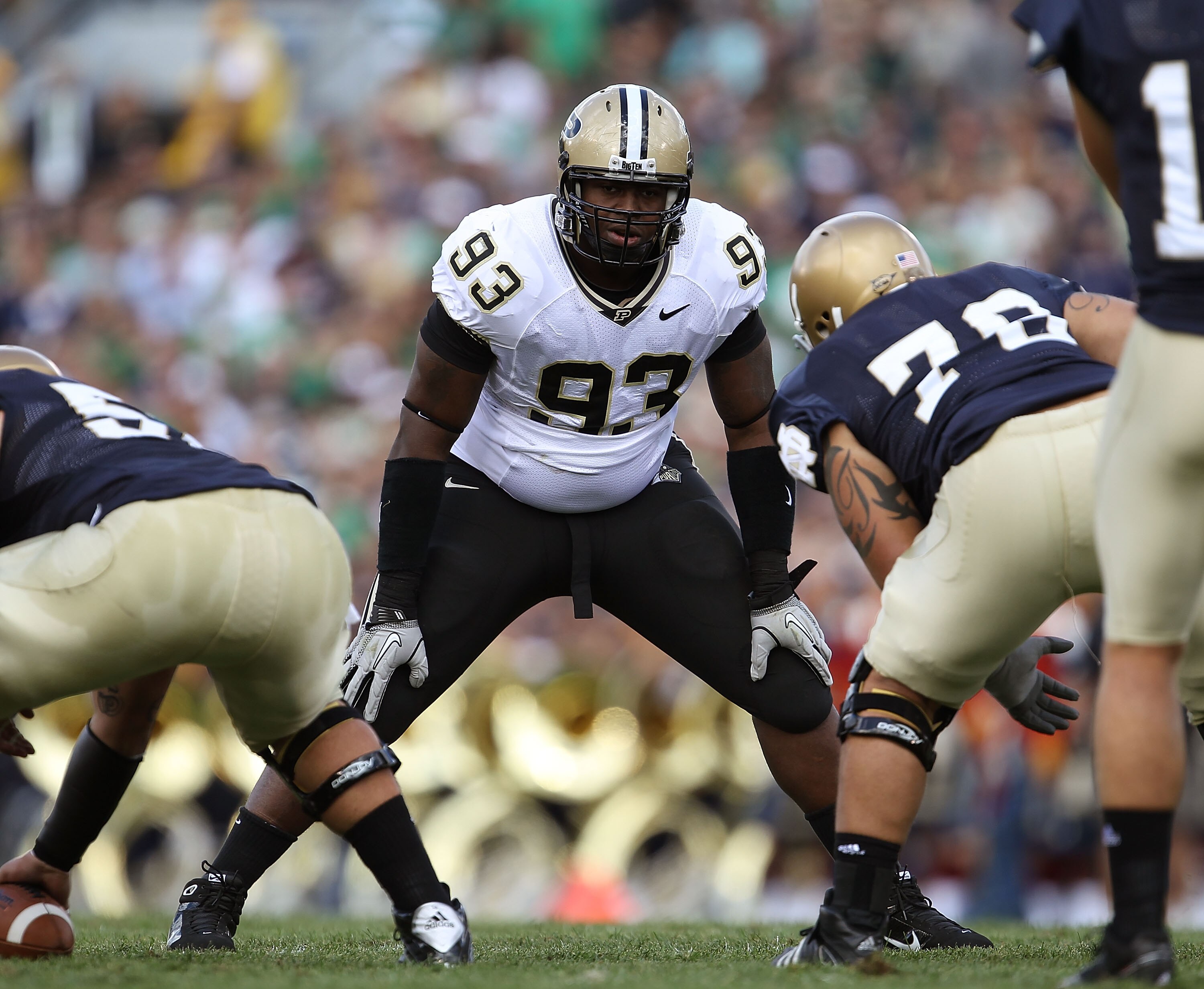 SOUTH BEND, IN - SEPTEMBER 04: Kawann Short #93 of the Purdue Boilermakers awaits the start of play against the Notre Dame Fighting Irish at Notre Dame Stadium on September 4, 2010 in South Bend, Indiana. Notre Dame defeated Purdue 23-12. (Photo by Jonath