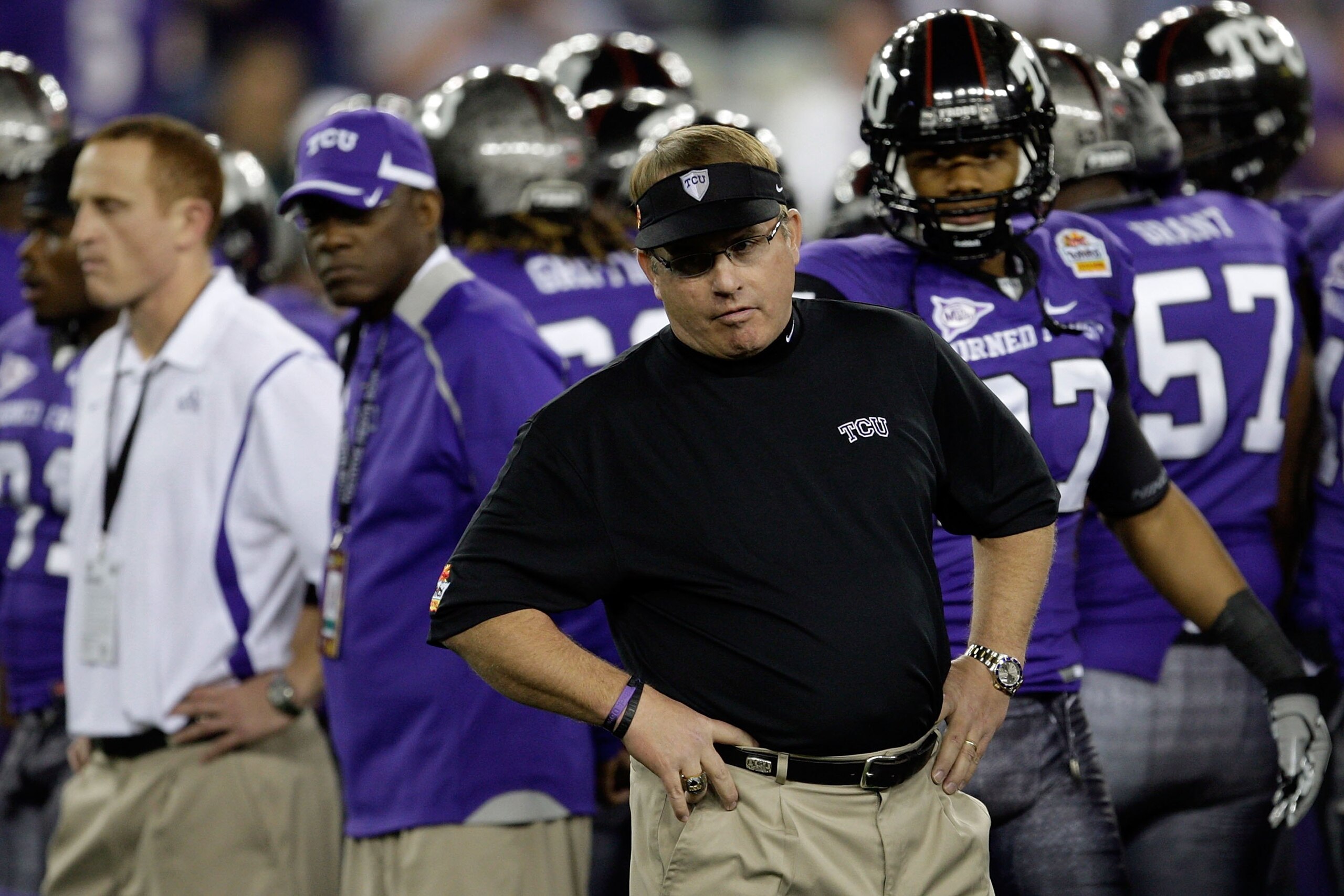 GLENDALE, AZ - JANUARY 04:  Head coach Gary Patterson of the TCU Horned Frogs looks on against the Boise State Broncos during the Tostitos Fiesta Bowl at the Universtity of Phoenix Stadium on January 4, 2010 in Glendale, Arizona.  (Photo by Jamie Squire/G