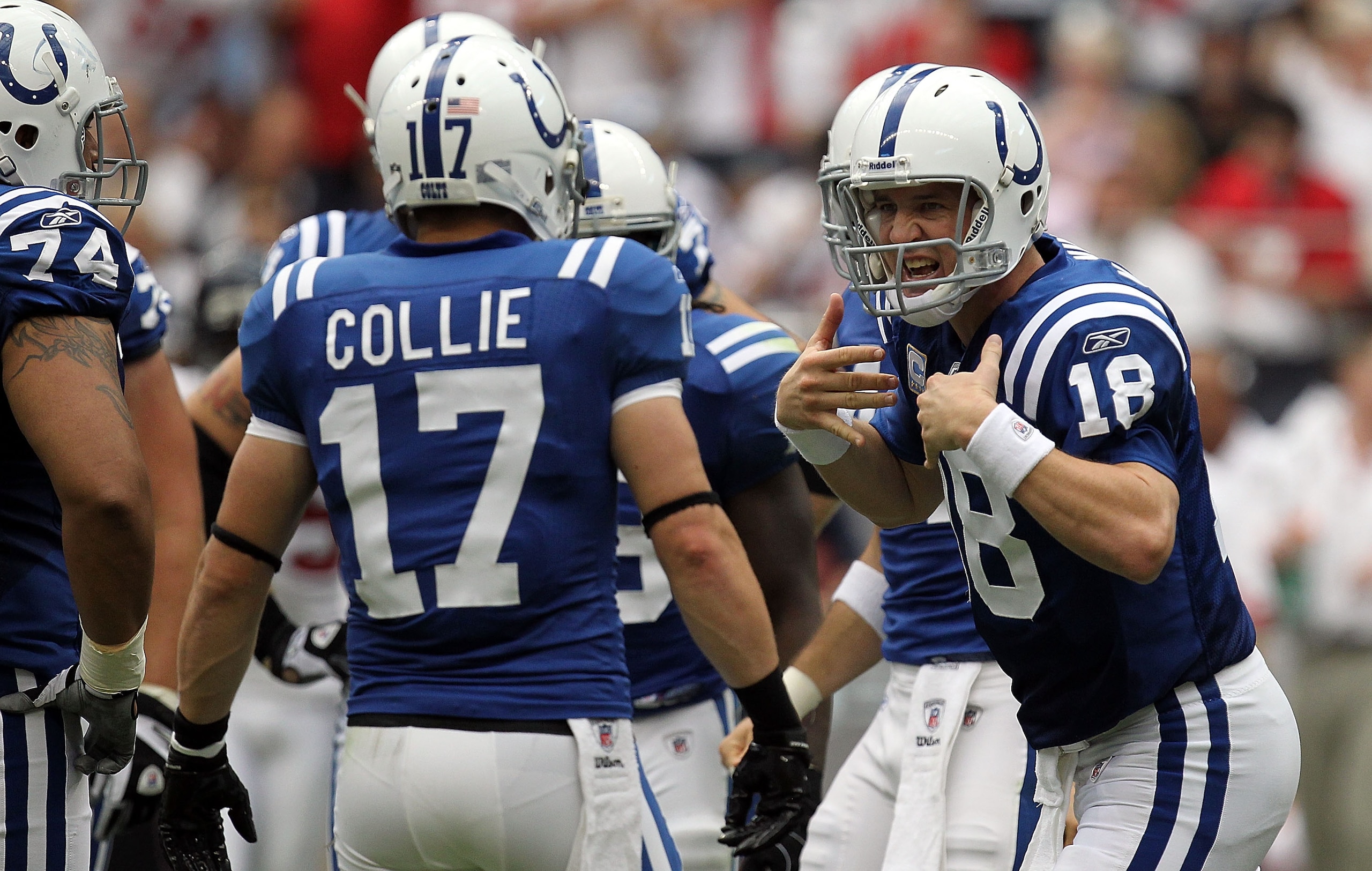HOUSTON - SEPTEMBER 12:  Quarterback Peyton Manning #18 of the Indianapolis Colts in the NFL season opener against the Houston Texans at Reliant Stadium on September 12, 2010 in Houston, Texas.  (Photo by Ronald Martinez/Getty Images)
