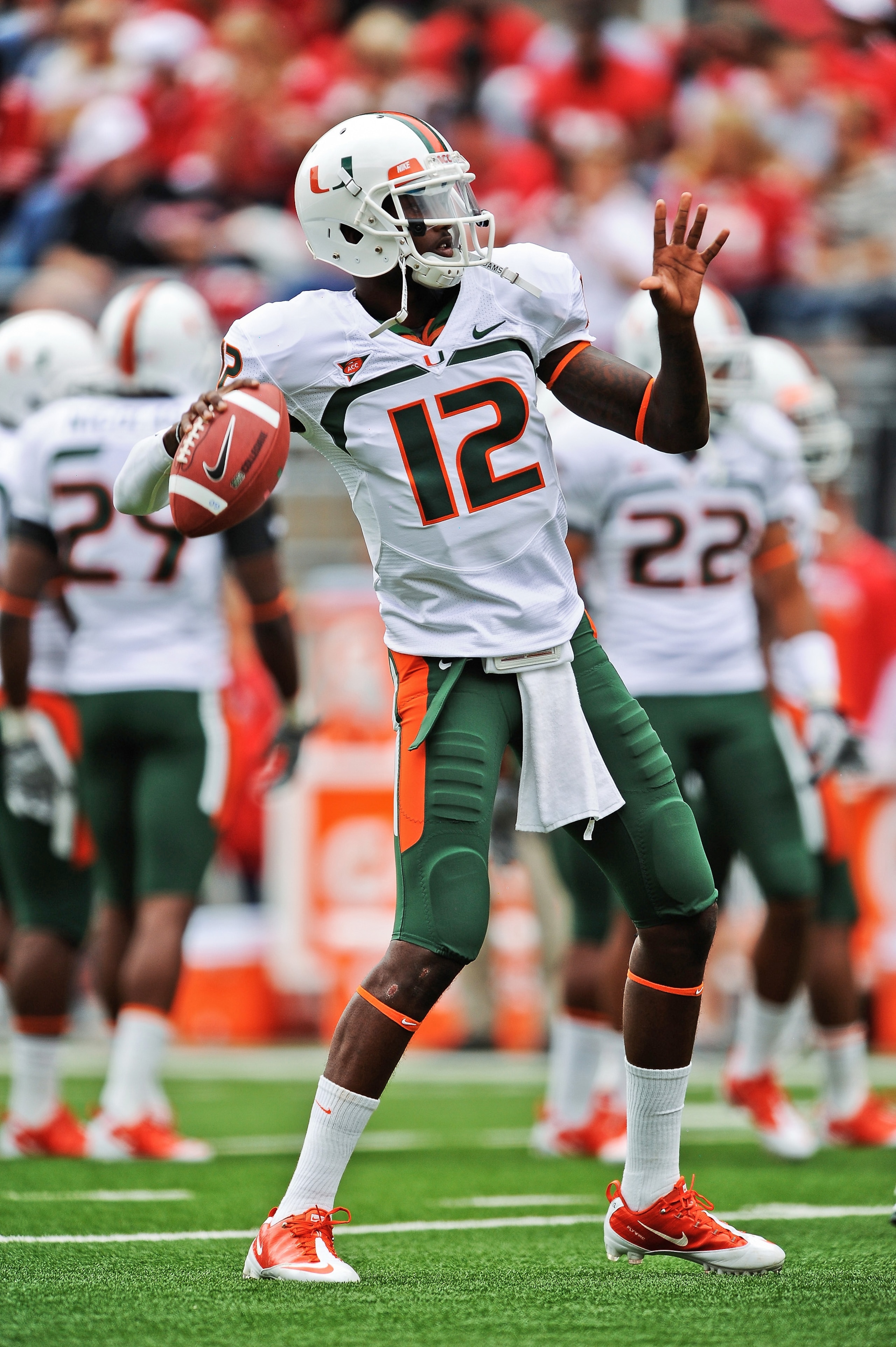 COLUMBUS, OH - SEPTEMBER 11:  Quarterback Jacory Harris #12 of the Miami Hurricanes warms up before a game against the Ohio State Buckeyes at Ohio Stadium on September 11, 2010 in Columbus, Ohio.  (Photo by Jamie Sabau/Getty Images)