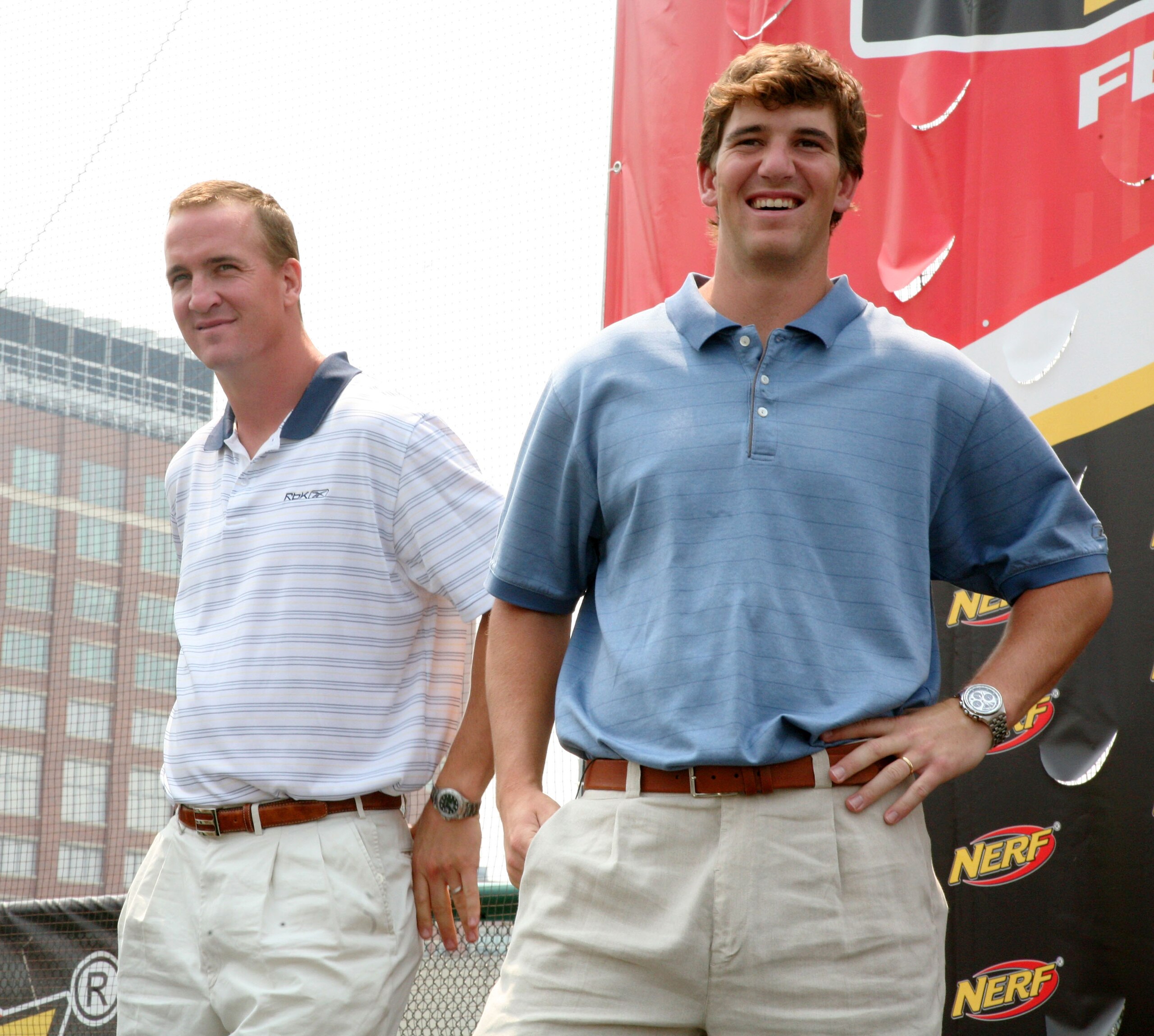 NEW YORK - JUNE 14:  (L-R) Indianapolis Colts quarterback Peyton Manning (R) and New York Giants quarterback Eli Manning attends the NERF Father's Day Football Throwdown on June 14, 2008 at Chelsea Piers in New York City.  (Photo by Astrid Stawiarz/Getty