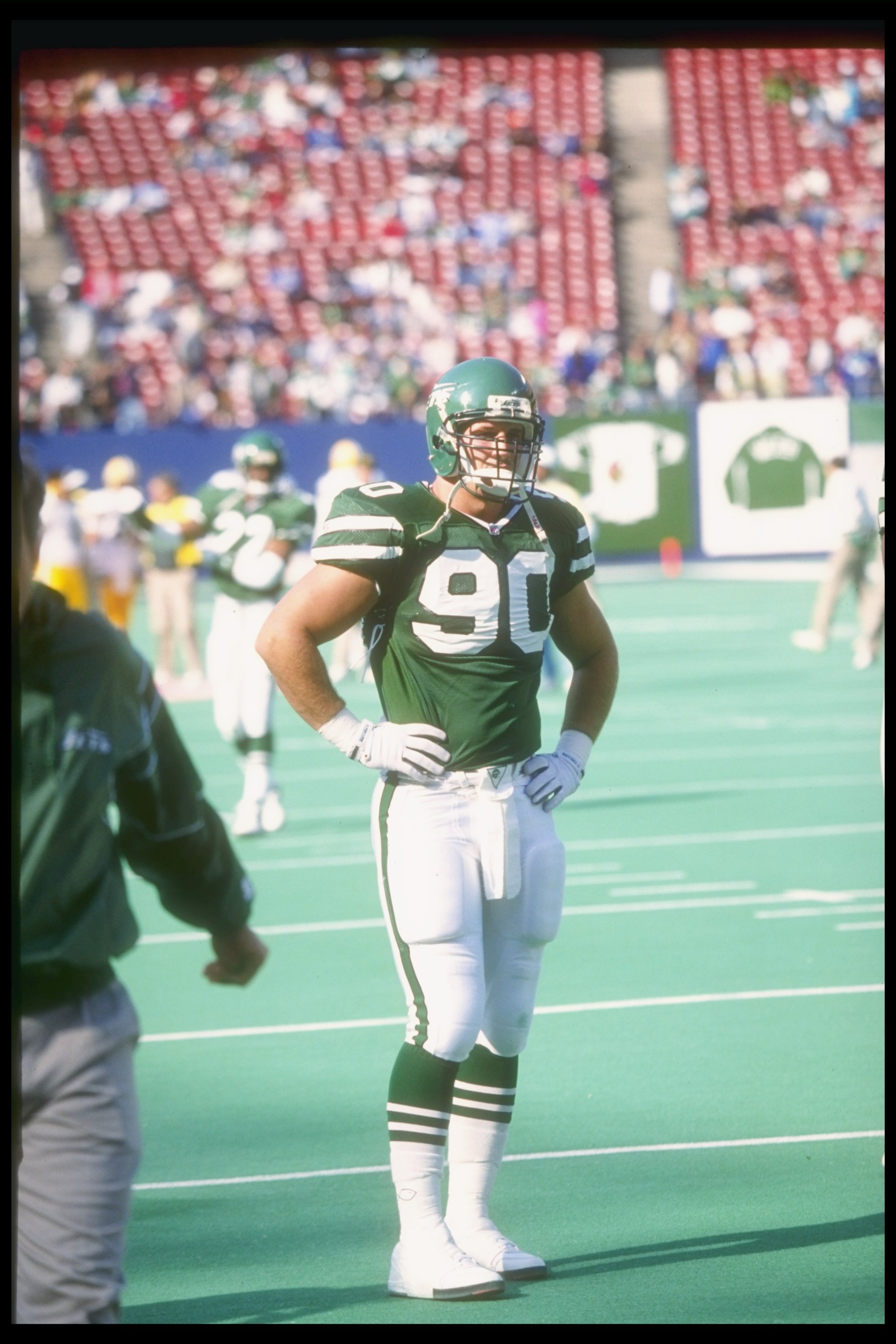 3 Nov 1991: Defensive lineman Dennis Byrd of the New York Jets looks on during a game against the Green Bay Packers at Giants Stadium in East Rutherford, New Jersey. The Jets won the game, 19-16. Mandatory Credit: Rick Stewart /Allsport 3 Nov 1991: Defensive lineman Dennis Byrd of the New York Jets looks on during a game against the Green Bay Packers at Giants Stadium in East Rutherford, New Jersey. The Jets won the game, 19-16. Mandatory Credit: Rick Stewart /Allsport