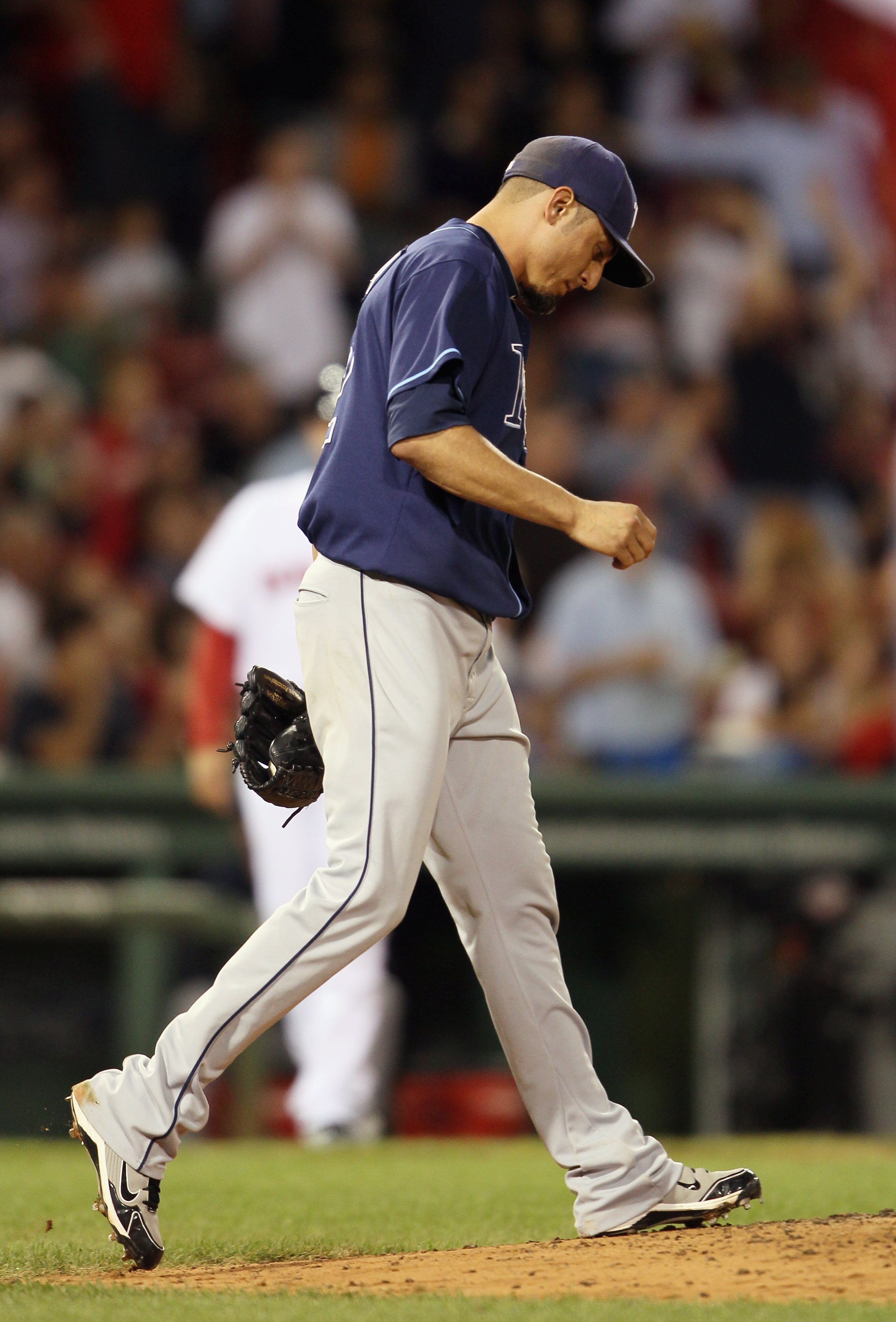 BOSTON - SEPTEMBER 08:  Matt Garza #22 of the Tampa Bay Rays reacts after giving up a two run homer to Adrian Beltre of the Boston Red Sox on September 8, 2010 at Fenway Park in Boston, Massachusetts.  (Photo by Elsa/Getty Images)