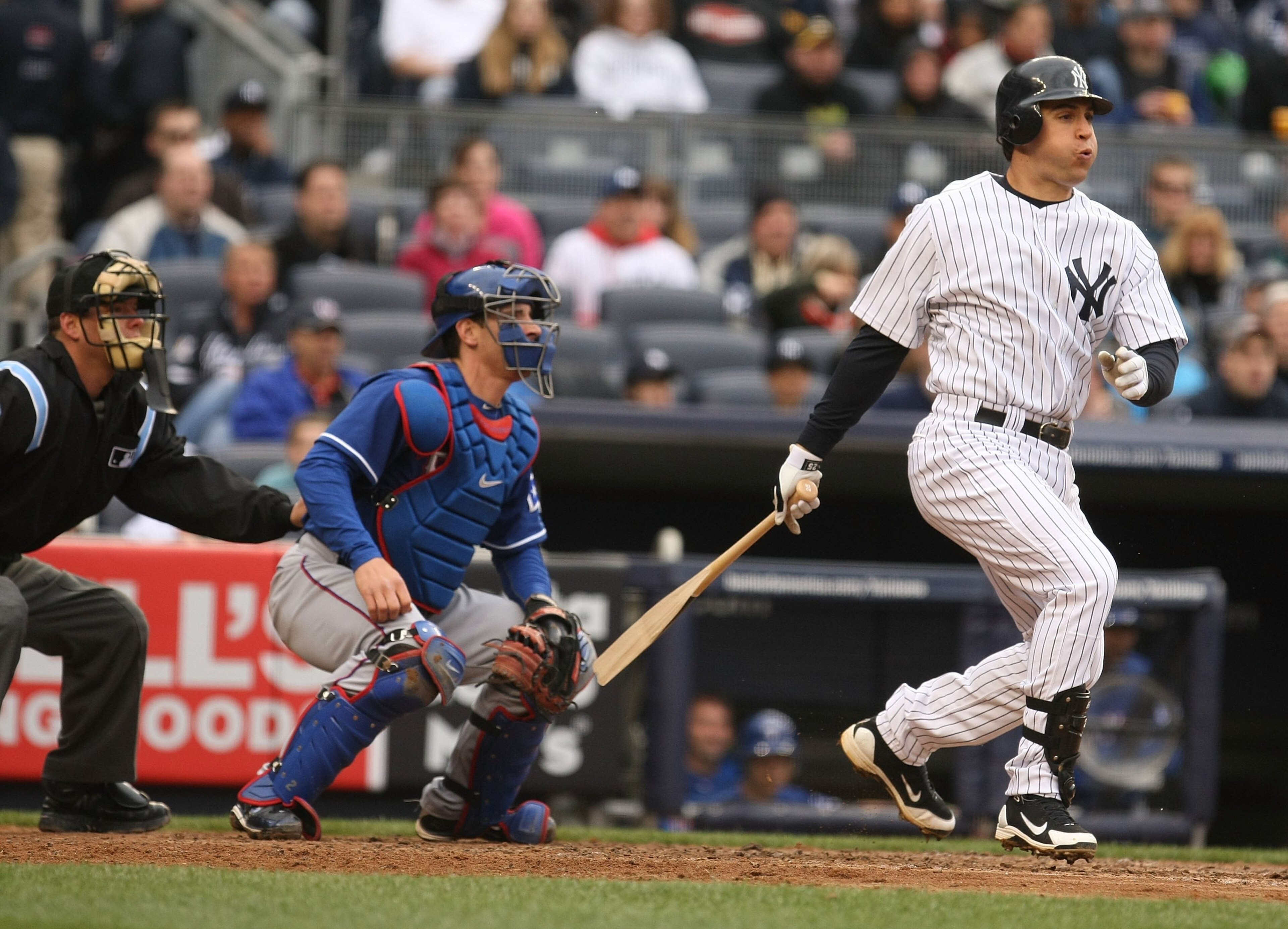 BRONX, NY - APRIL 17: Mark Teixeira #25 of The New York Yankees drives in a run with a hit against the Texas Rangers during their game on April 17, 2010 at Yankee Stadium in the Bronx Borough of New York. (Photo by Al Bello/Getty Images) BRONX, NY - APRIL 17: Mark Teixeira #25 of The New York Yankees drives in a run with a hit against the Texas Rangers during their game on April 17, 2010 at Yankee Stadium in the Bronx Borough of New York. (Photo by Al Bello/Getty Images)