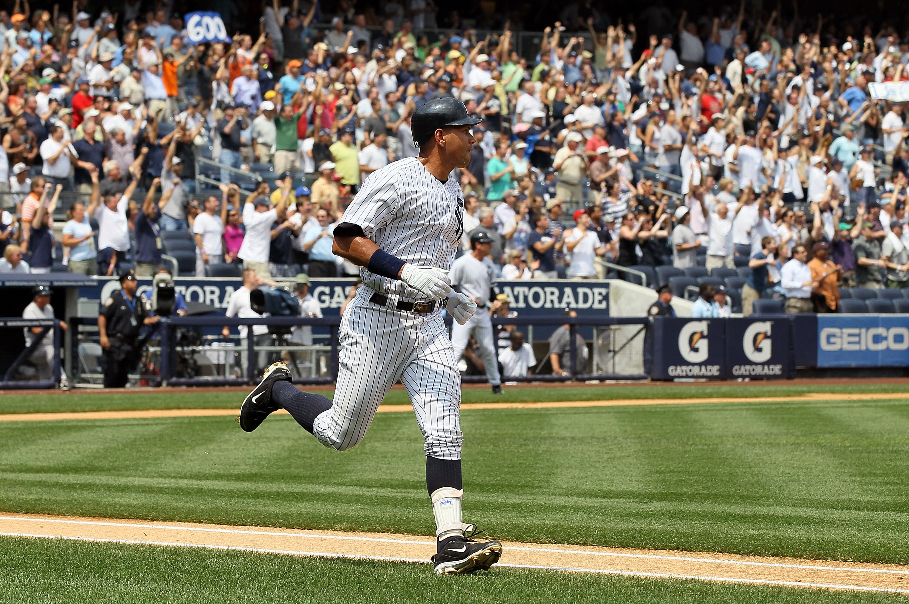 NEW YORK - AUGUST 04:  Alex Rodriguez #13 of the New York Yankees runs the bases after hitting his 600th career home run in the first inning against the Toronto Blue Jays on August 4, 2010 at Yankee Stadium in the Bronx borough of New York City.  (Photo b