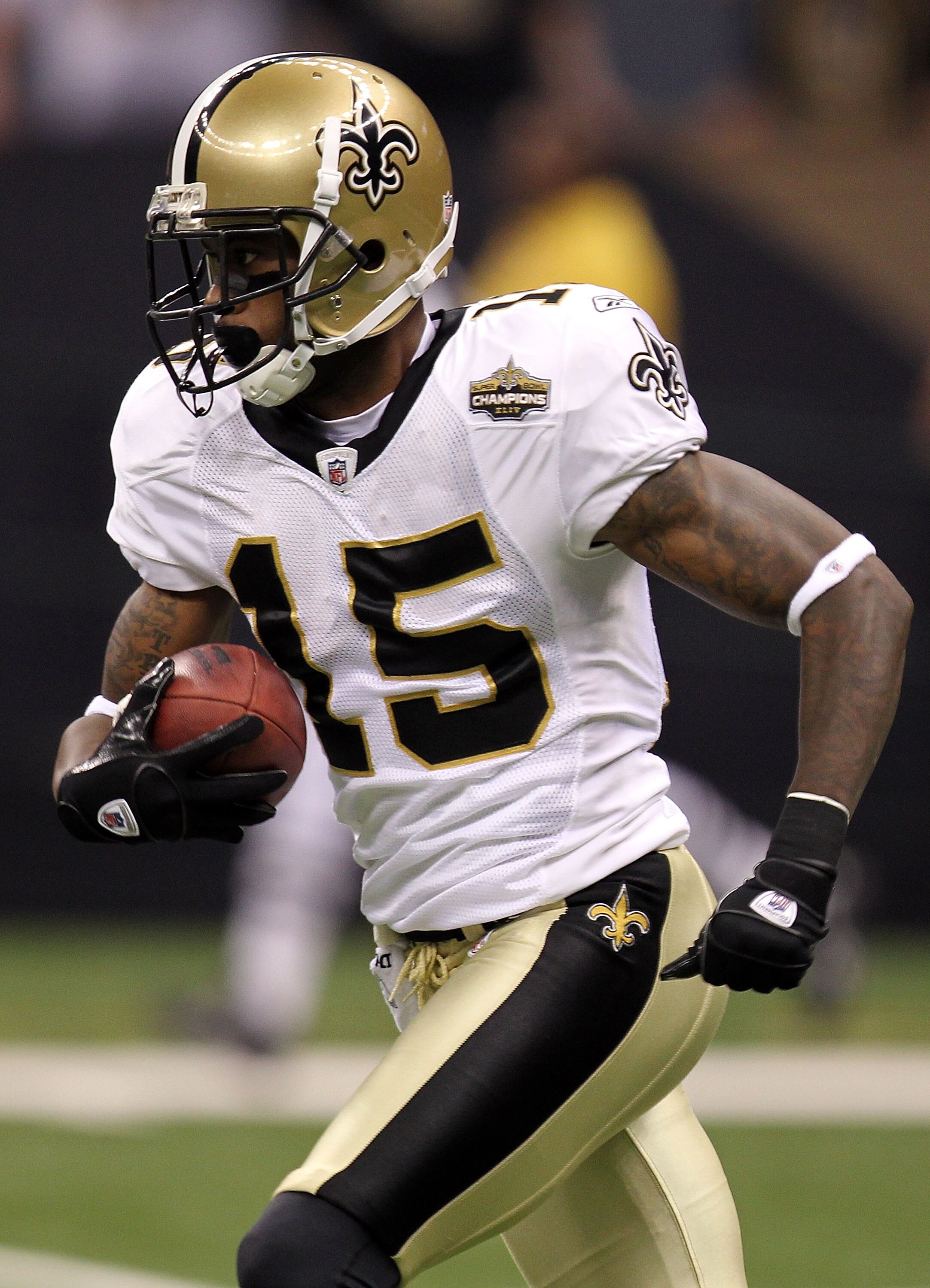 NEW ORLEANS - SEPTEMBER 09:  Courtney Roby #15 of the New Orleans Saints at Louisiana Superdome on September 9, 2010 in New Orleans, Louisiana.  (Photo by Ronald Martinez/Getty Images)
