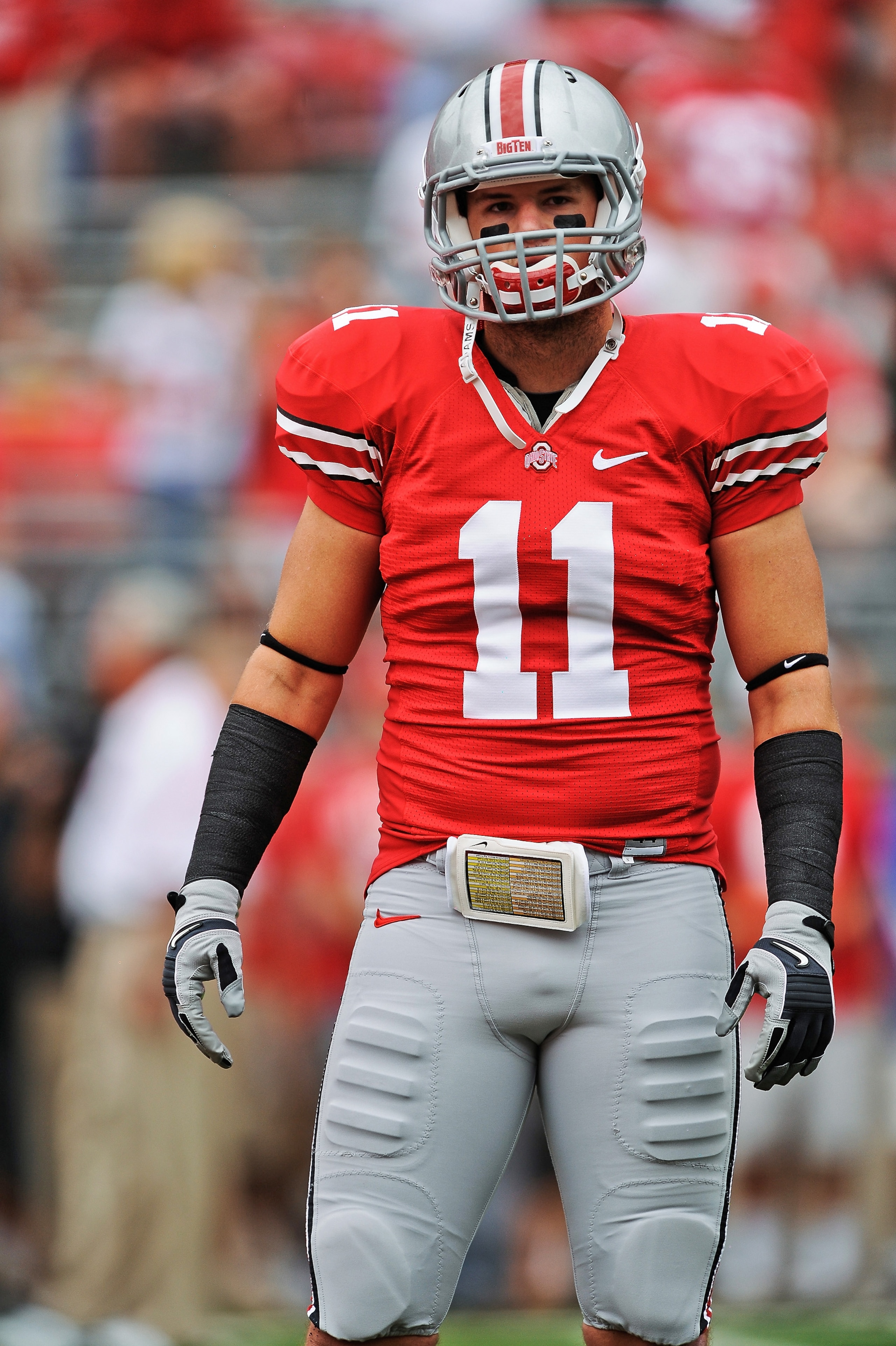 COLUMBUS, OH - SEPTEMBER 11:  Jake Stoneburner #11 of the Ohio State Buckeyes warms up before a game against the Miami Hurricanes at Ohio Stadium on September 11, 2010 in Columbus, Ohio.  (Photo by Jamie Sabau/Getty Images)