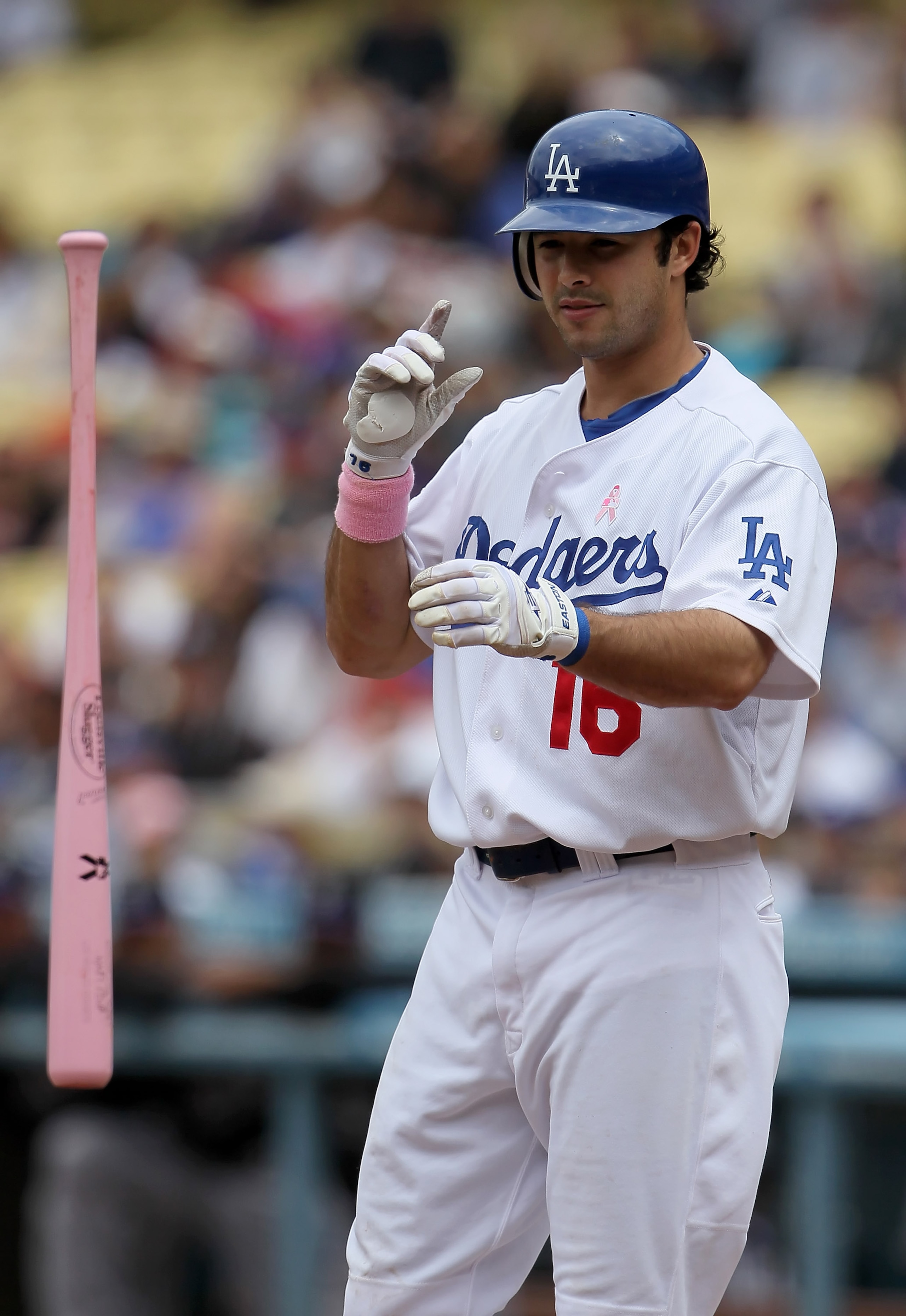 LOS ANGELES, CA - MAY 09:  Andre Ethier #16 of the Los Angeles Dodgers throws his bat after striking out in the first inning against the Colorado Rockies at Dodger Stadium on May 9, 2010 in Los Angeles, California. The Dodgers defeated the Rockies 2-0.  (