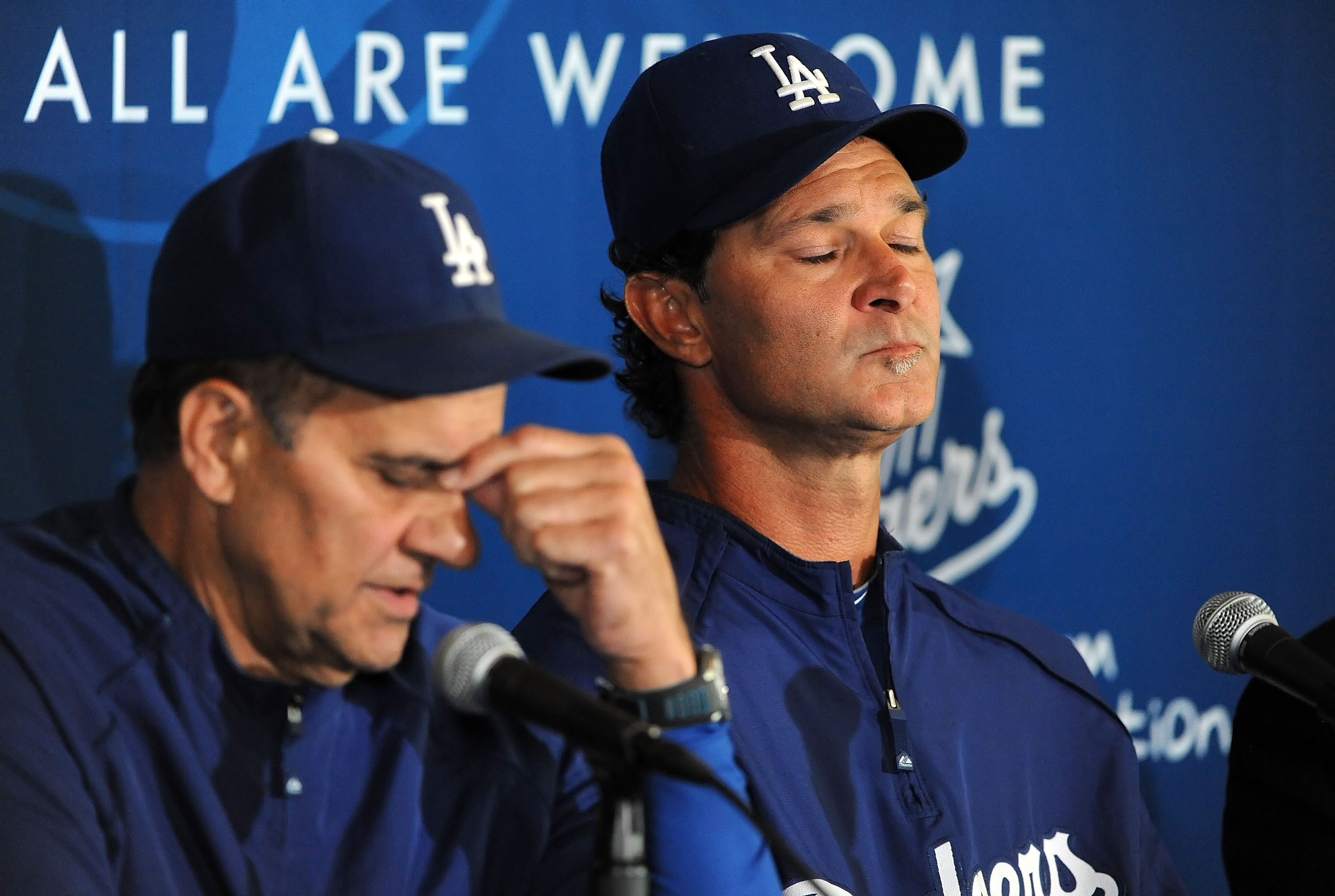 LOS ANGELES, CA - SEPTEMBER 17:  Manager Joe Torre (L) and coach Don Mattingly of the Los Angeles Dodgers attend a press conference announcing that Mattingly will manage the Dodgers in 2011 after Torre retires at Dodger Stadium on September 17, 2010 in Lo
