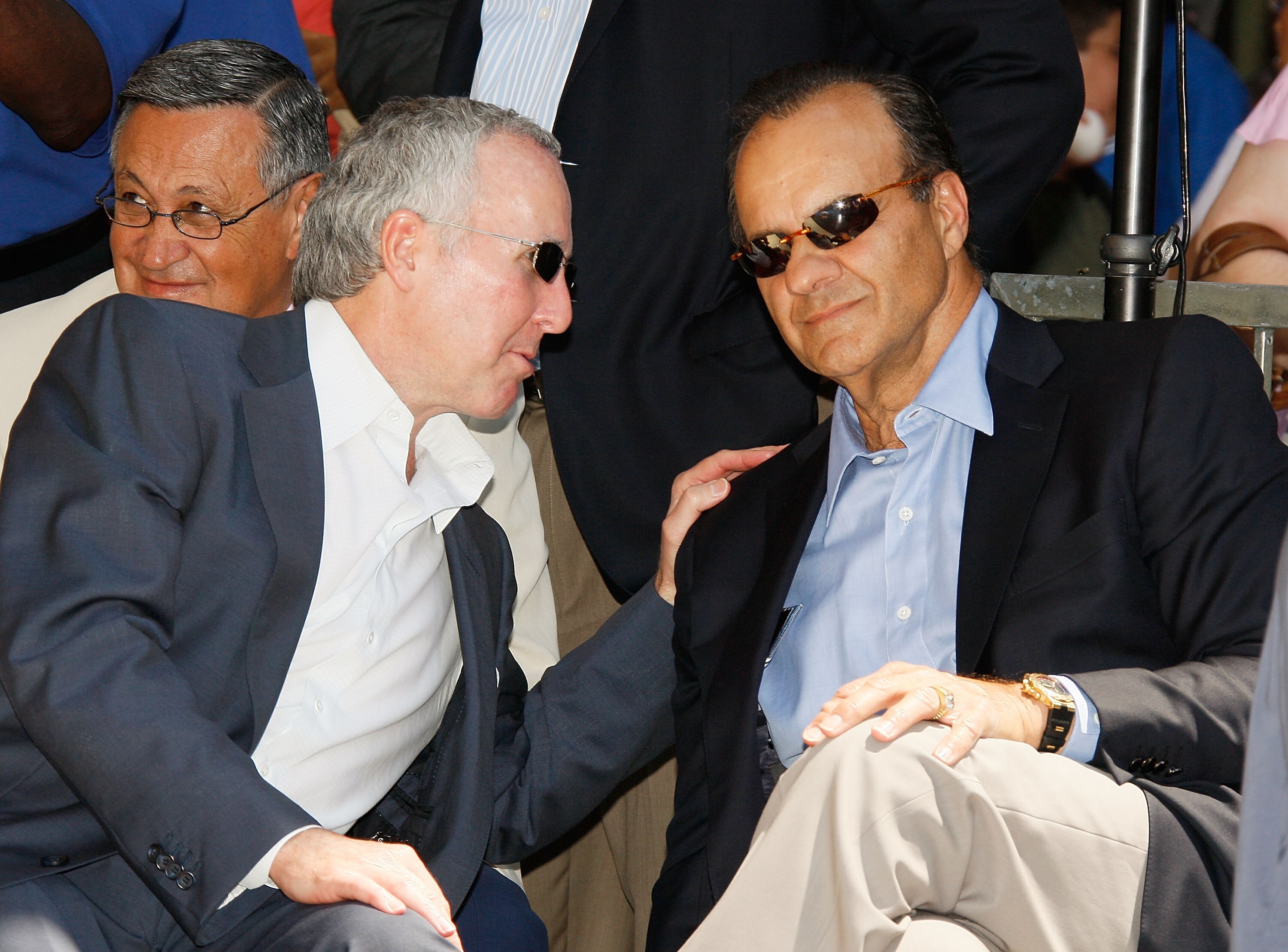 HOLLYWOOD - JUNE 20:  Team owner Frank McCourt (L) and manager Joe Torre attend a special star ceremony honoring the Los Angeles Dodgers with an Award of Excellence on the Hollywood Walk of Fame on June 20, 2008 in Hollywood, California.  (Photo by Vince