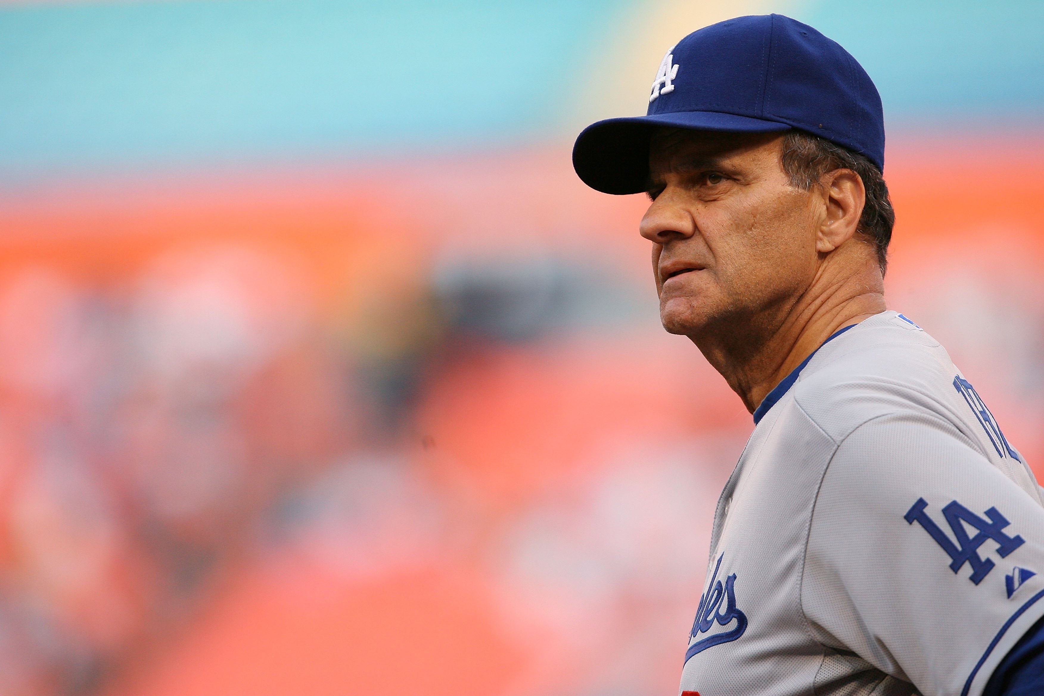 MIAMI - APRIL 09:  Manager Joe Torre #6 of the Los Angeles Dodgers looks around from the field before taking on the Florida Marlins during the Marlins home opening game at Sun Life Stadium on April 9, 2010 in Miami, Florida. The Dodgers defeated the Marli