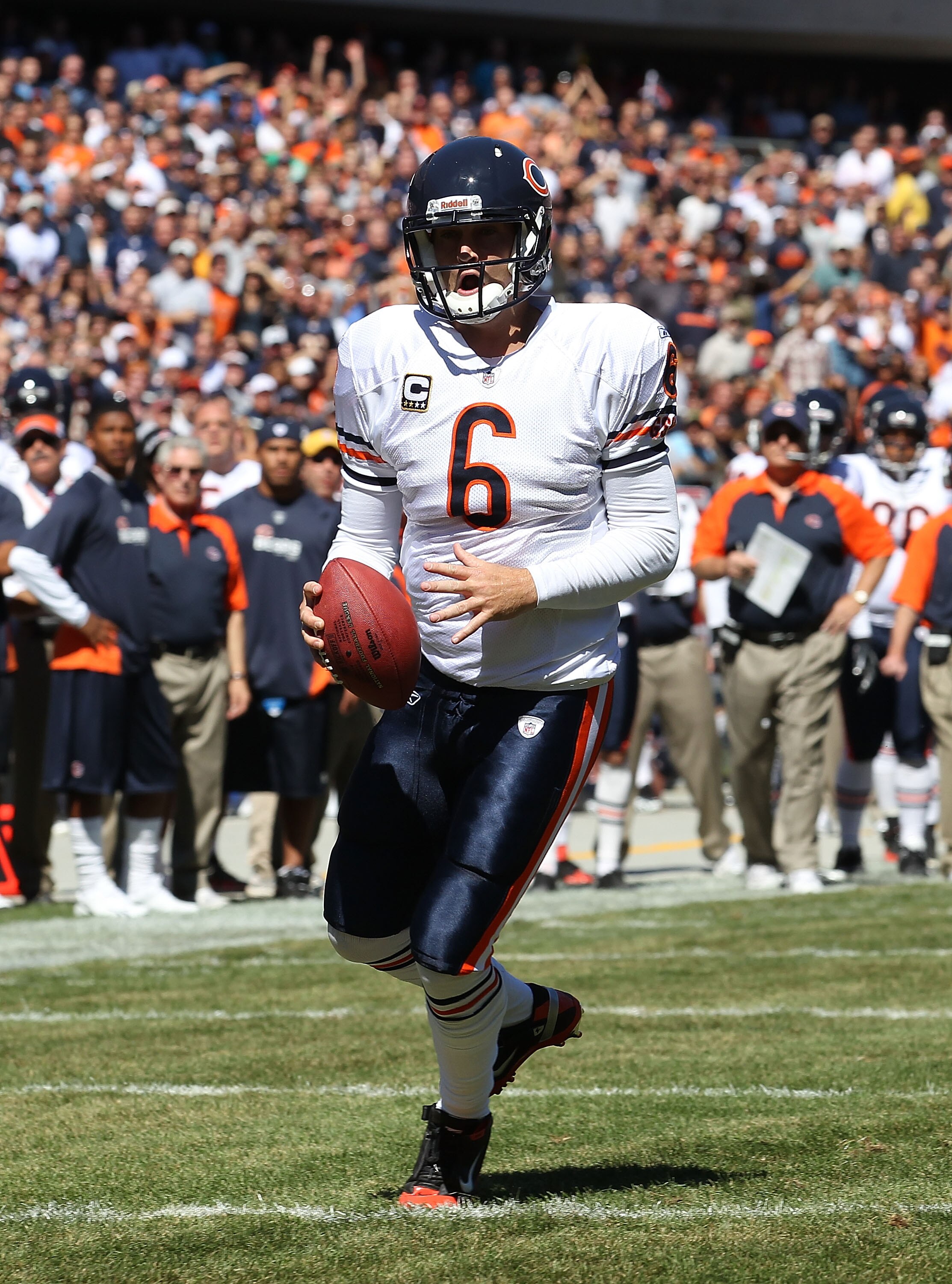 CHICAGO - SEPTEMBER 12: Jay Cutler #6 of the Chicago Bears runs toward the end zone against the Detroit Lions during the NFL season opening game at Soldier Field on September 12, 2010 in Chicago, Illinois. The Bears defeated the Lions 19-14. (Photo by Jon