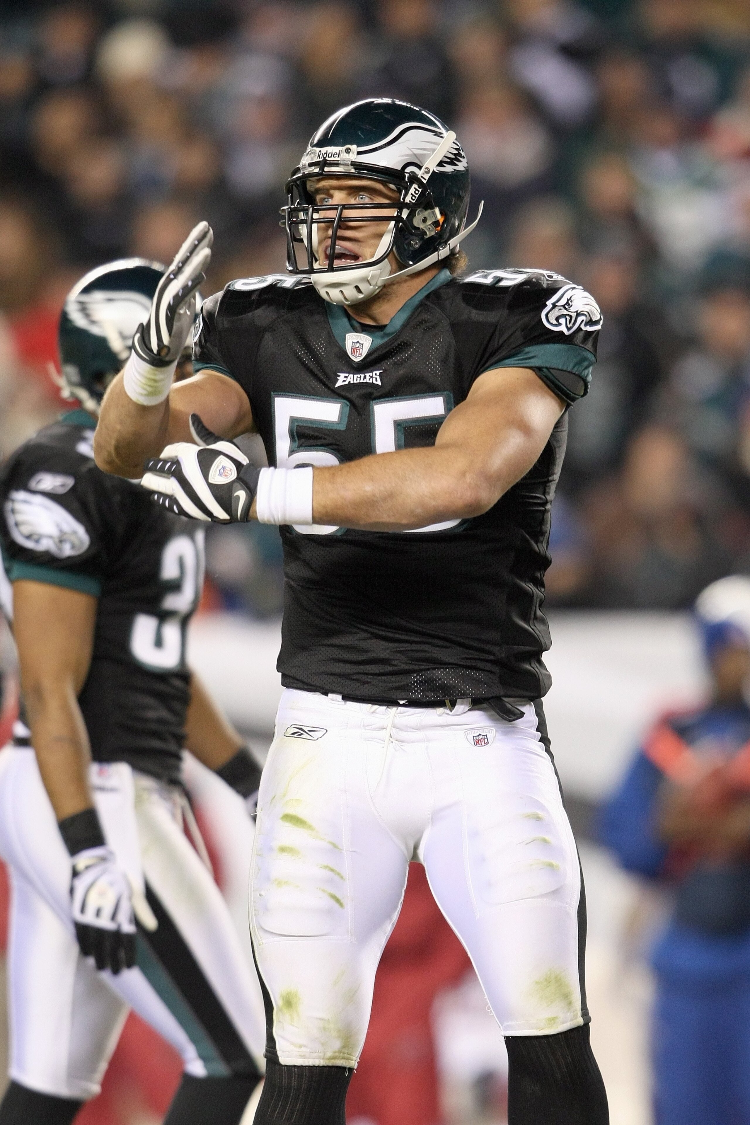 PHILADELPHIA - NOVEMBER 27:  Stewart Bradley #55 of the Philadelphia Eagles reacts on the field during the game against the Arizona Cardinals at Lincoln Financial Field on November 27, 2008 in Philadelphia, Pennsylvania. (Photo by: Nick Laham/Getty Images