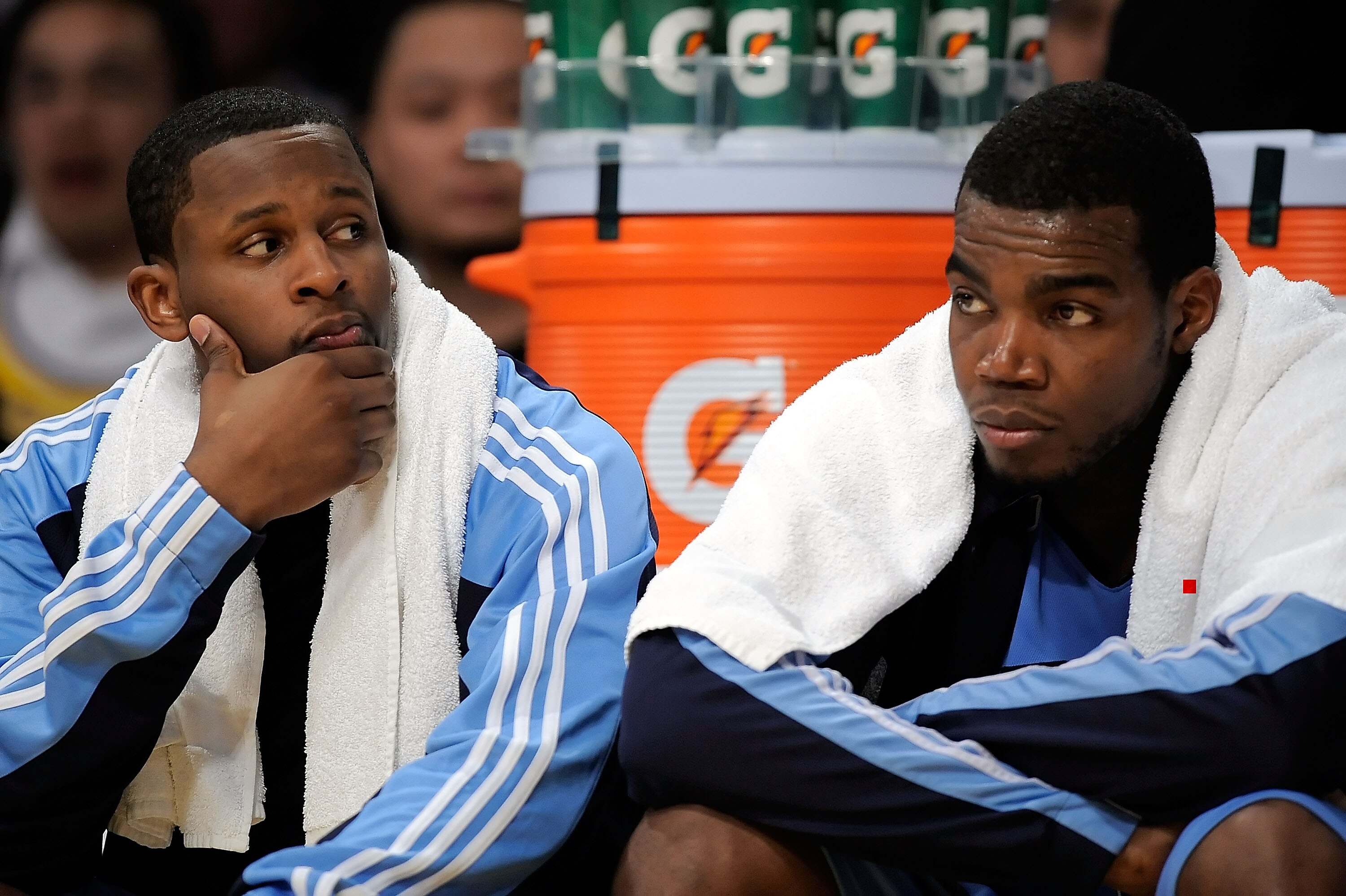 LOS ANGELES, CA - APRIL 27:  (L-R) C.J. Miles #34 and Paul Millsap #24 of the Utah Jazz sit on the bench in the second quarter against the Los Angeles Lakers in Game Five of the Western Conference Quarterfinals during the 2009 NBA Playoffs at Staples Cent