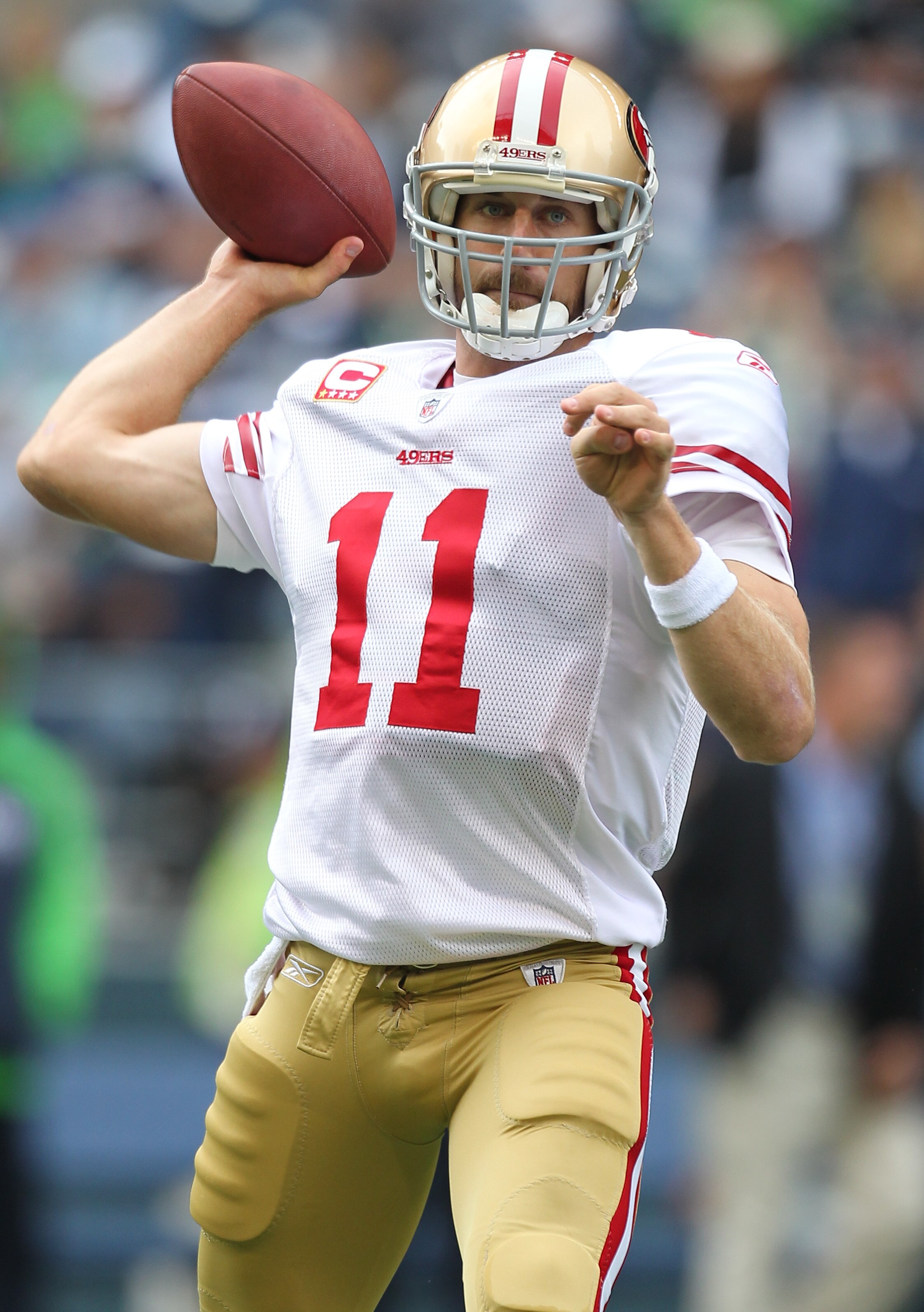 SEATTLE - SEPTEMBER 12:  Quarterback Alex Smith #11 of the San Francisco 49ers warms up prior to the NFL season opener against the Seattle Seahawks at Qwest Field on September 12, 2010 in Seattle, Washington. (Photo by Otto Greule Jr/Getty Images)
