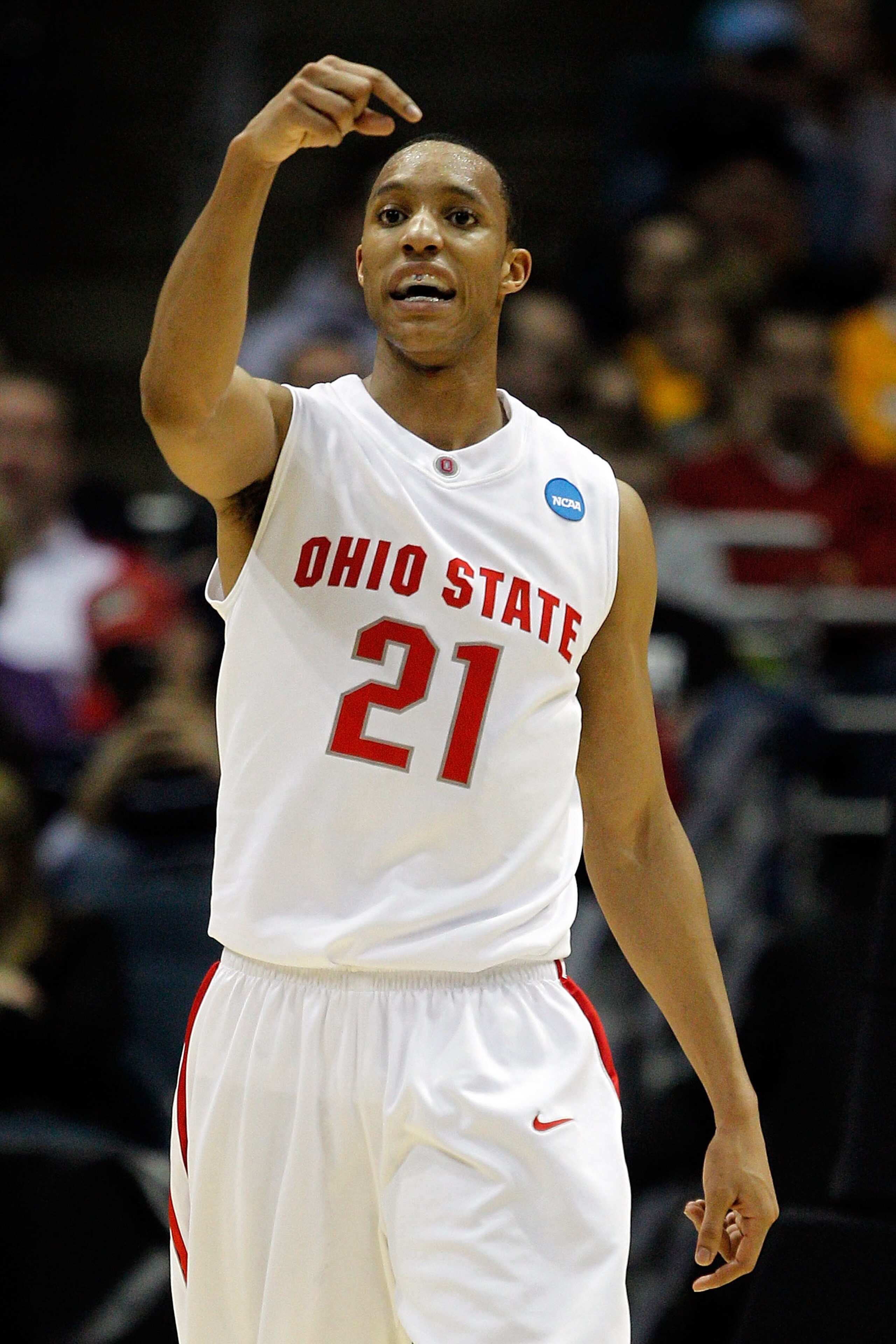 MILWAUKEE - MARCH 21:  Evan Turner #21 of the Ohio State Buckeyes reacts while taking on the Georgia Tech Yellow Jackets in the first half during the second round of the 2010 NCAA men's basketball tournament at the Bradley Center on March 21, 2010 in Milw