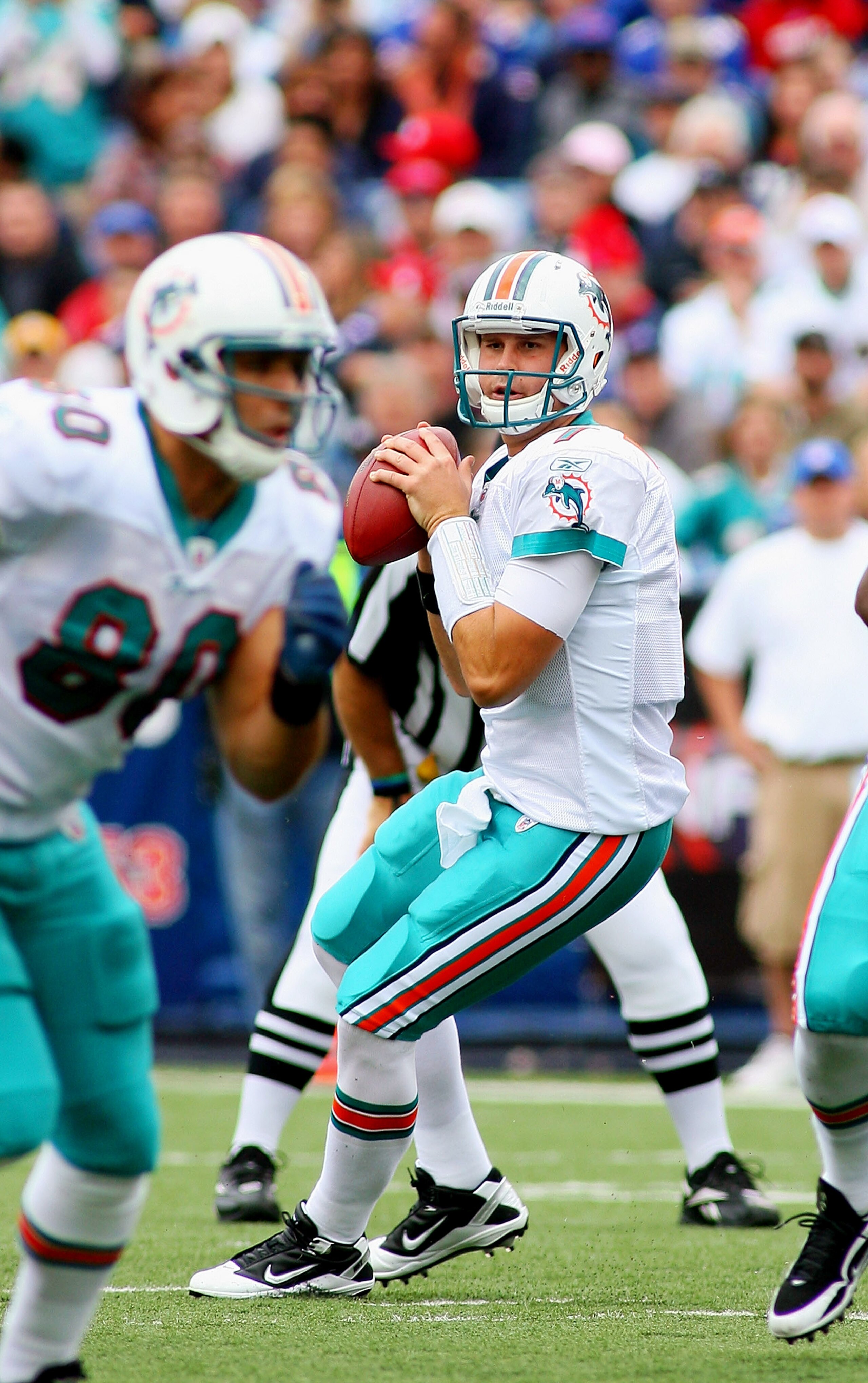 ORCHARD PARK, NY - SEPTEMBER 12:  Chad Henne #7 of the Miami Dolphins readies to pass against the Buffalo Bills  during the NFL season opener at Ralph Wilson Stadium on September 12, 2010 in Orchard Park, New York. Miami won 15-10.  (Photo by Rick Stewart