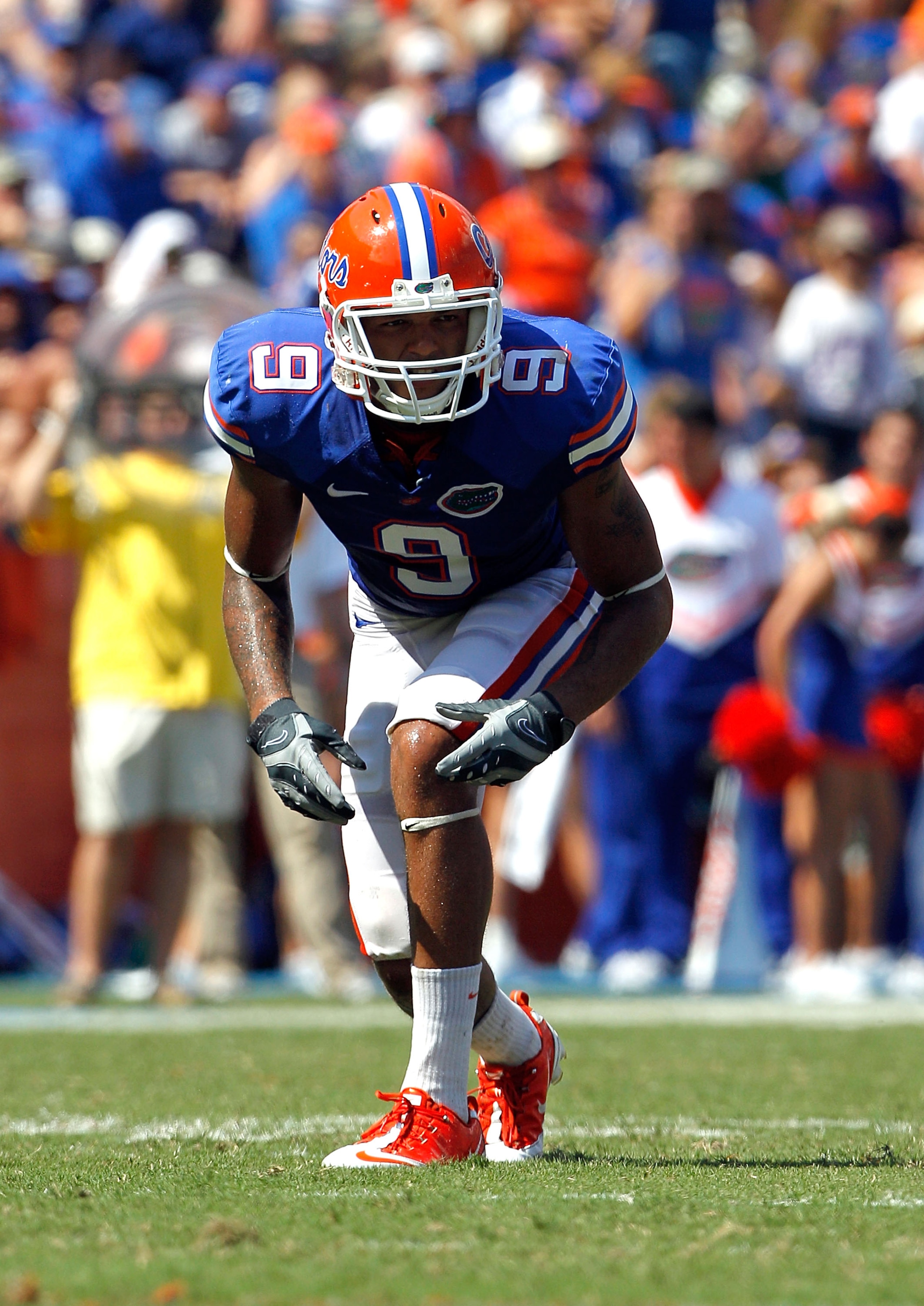 GAINESVILLE, FL - SEPTEMBER 11:  Carl Moore #9 of the Florida Gators prepares to run during a game against the South Florida Bulls at Ben Hill Griffin Stadium on September 11, 2010 in Gainesville, Florida.  (Photo by Sam Greenwood/Getty Images)