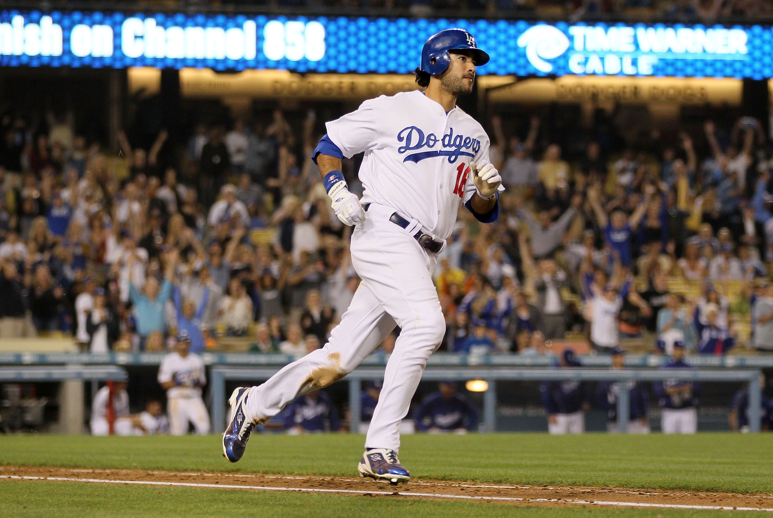 LOS ANGELES, CA - AUGUST 04:  Andre Ethier #16 of the Los Angeles Dodgers rounds first base after hitting a two-run home run in the eighth inning against the San Diego Padres at Dodger Stadium on August 4, 2010 in Los Angeles, California. The Dodgers defe
