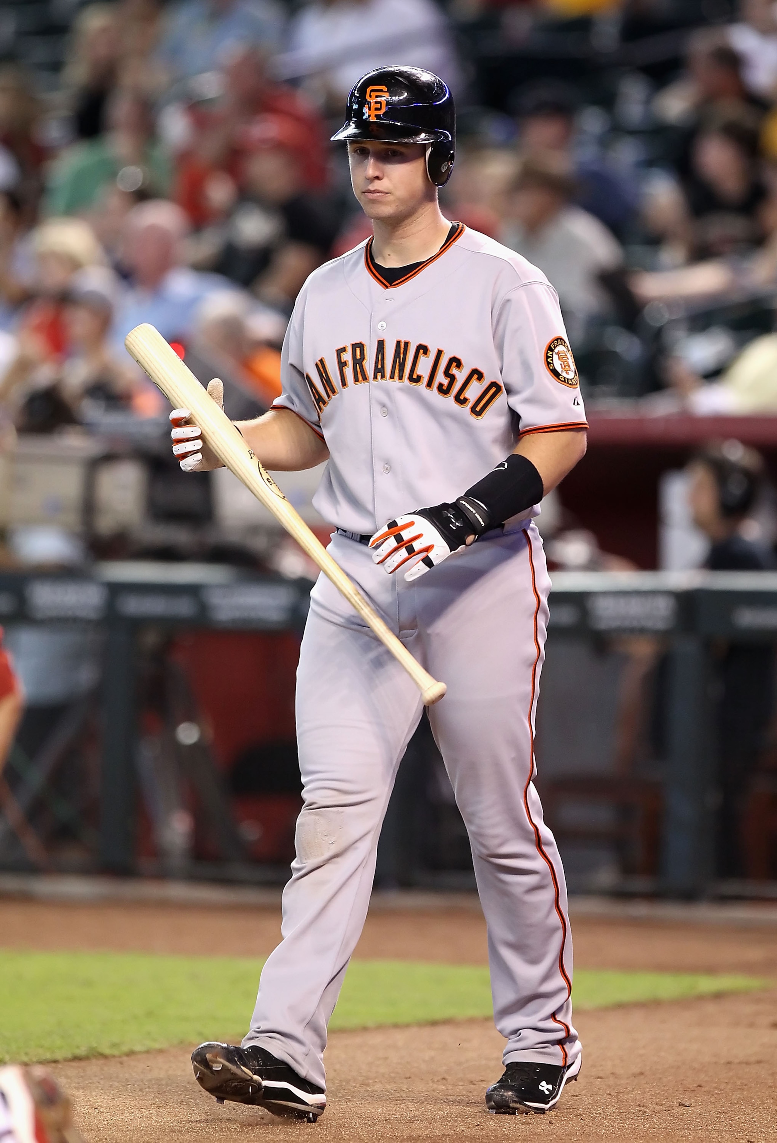 PHOENIX - SEPTEMBER 06:  Buster Posey #28 of the San Francisco Giants steps up to the batter's box during the Major League Baseball game against the Arizona Diamondbacks at Chase Field on September 6, 2010 in Phoenix, Arizona. The Giants defeated the Diam