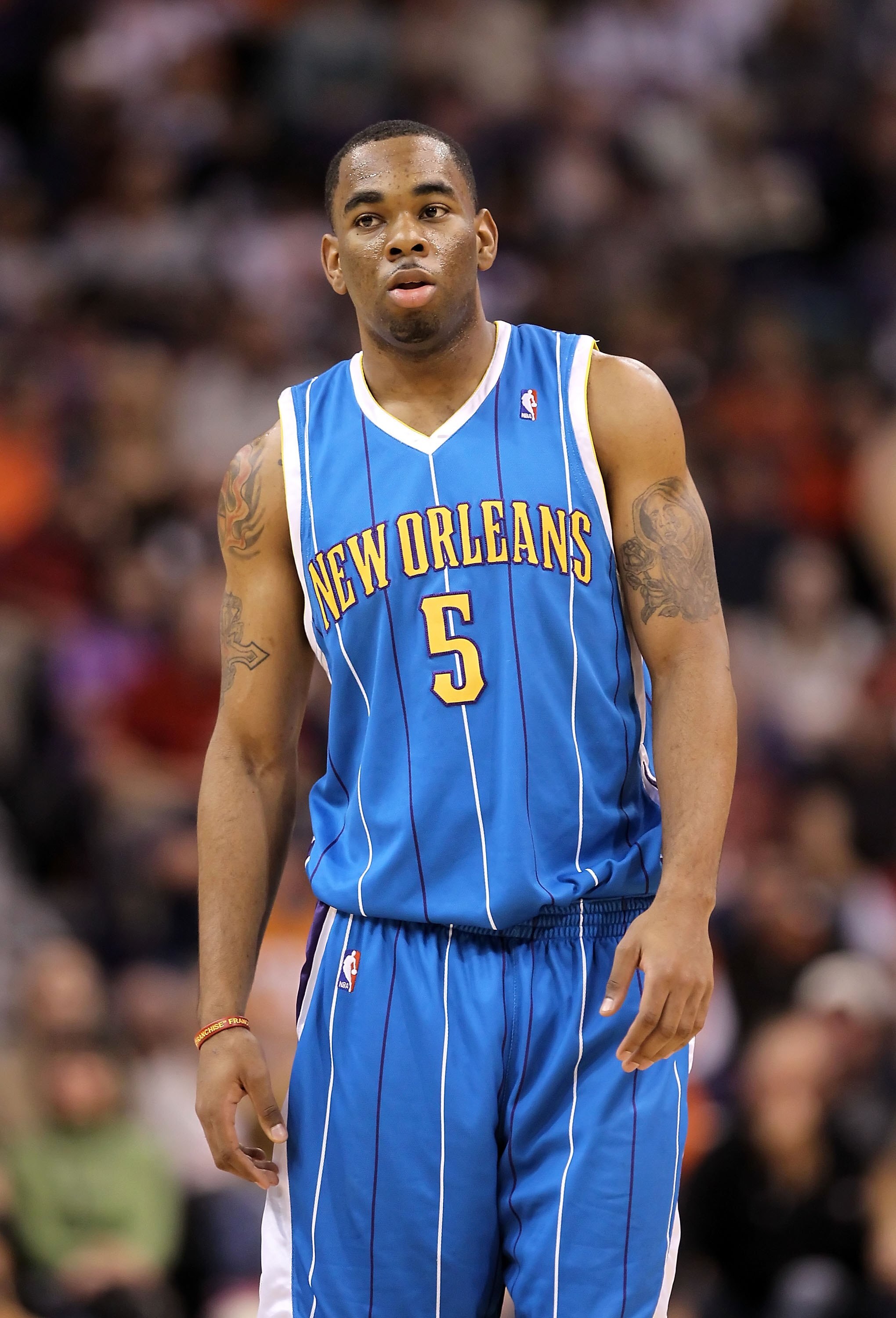 PHOENIX - MARCH 14:  Marcus Thornton #5 of the New Orleans Hornets during the NBA game against the Phoenix Suns at US Airways Center on March 14, 2010 in Phoenix, Arizona.  The Suns defeated the Hornets 120-106.  NOTE TO USER: User expressly acknowledges 