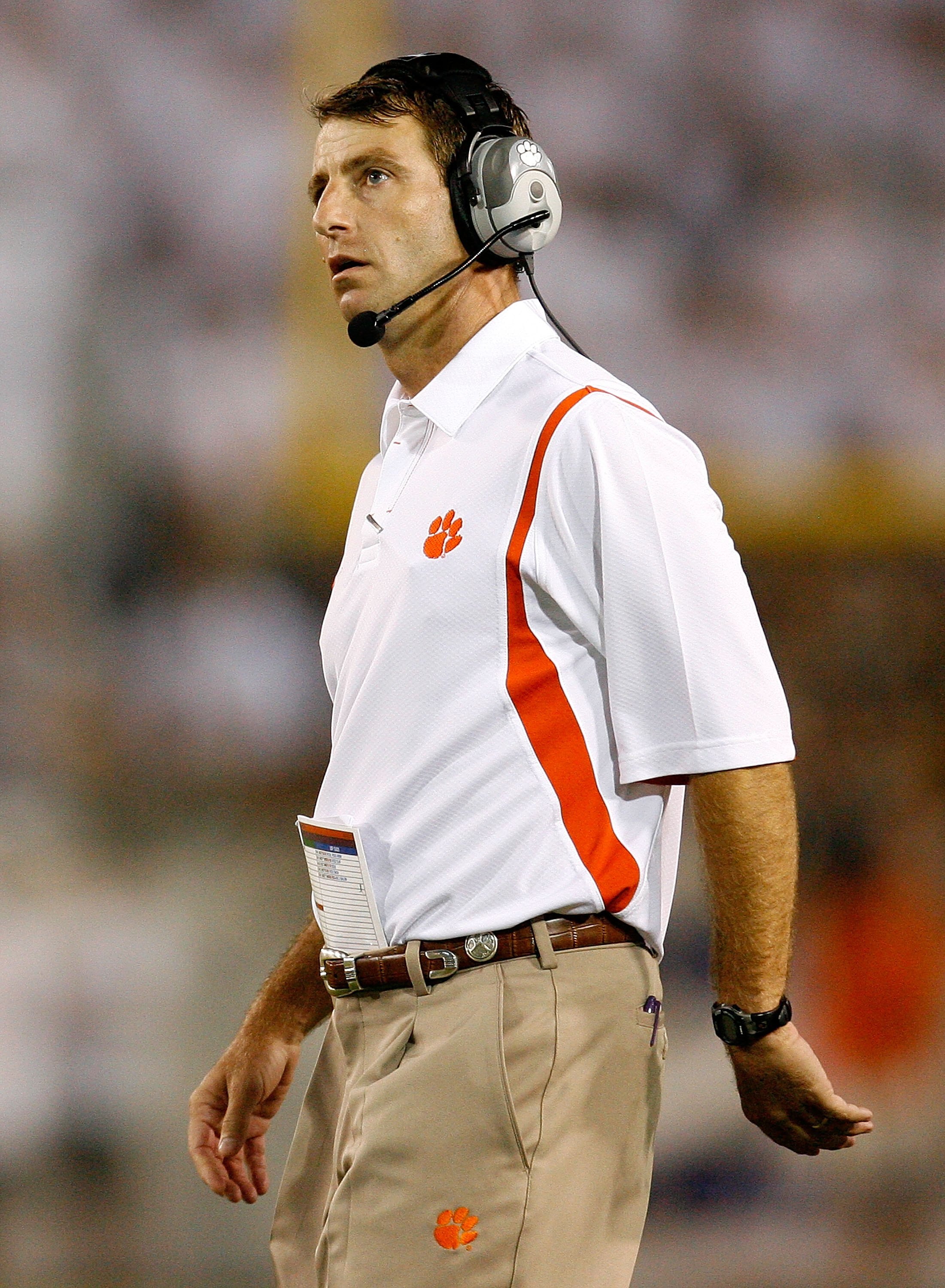 ATLANTA - SEPTEMBER 10:  Head coach Dabo Swinney of the Clemson Tigers looks on against the Georgia Tech Yellow Jackets at Bobby Dodd Stadium on September 10, 2009 in Atlanta, Georgia.  (Photo by Kevin C. Cox/Getty Images)