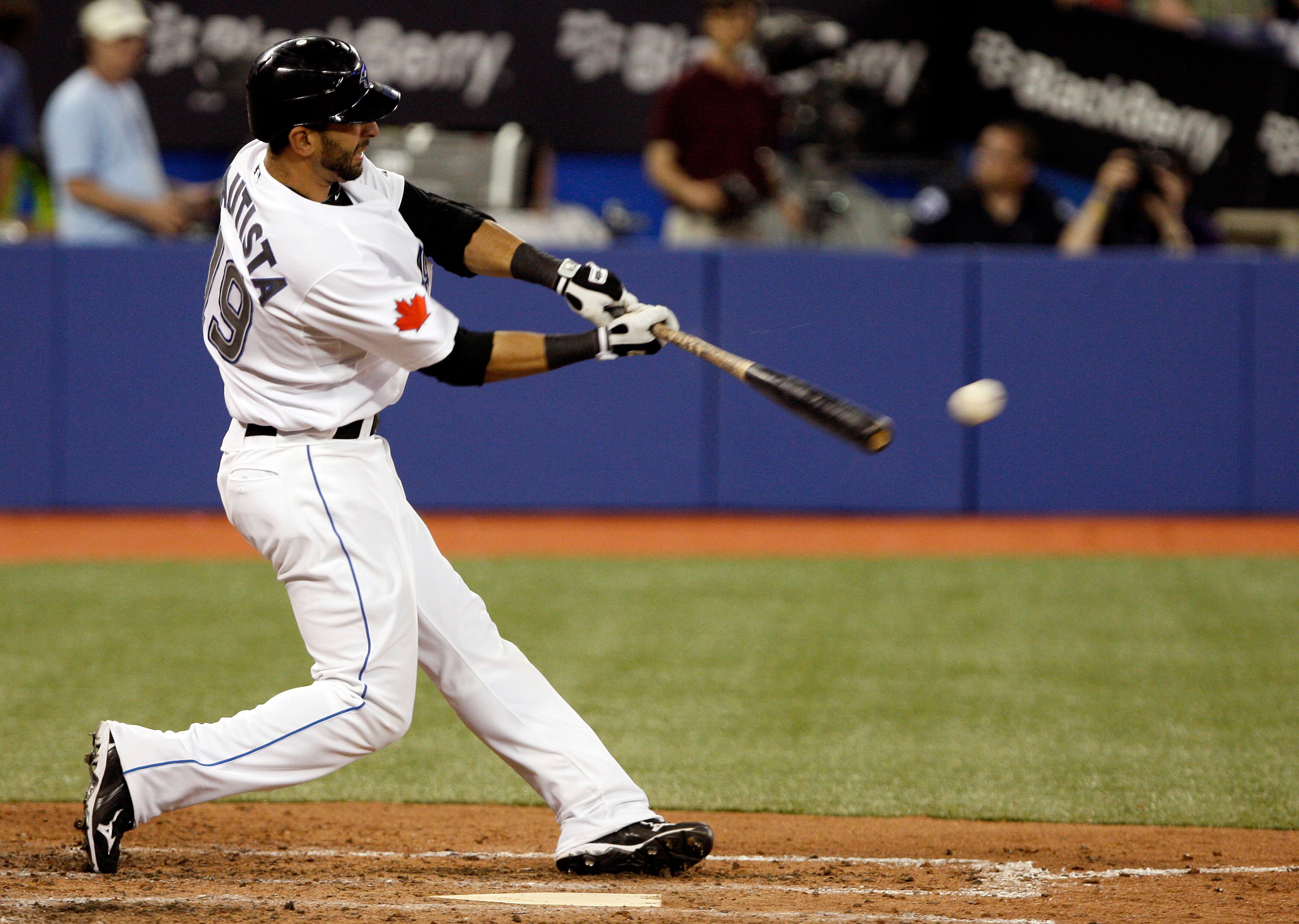 TORONTO - MAY 31: Jose Bautista #19 of the Toronto Blue Jays hits against the Tampa Bay Rays during an MLB game at the Rogers Centre May 31, 2010 in Toronto, Ontario, Canada. (Photo by Abelimages/Getty Images)