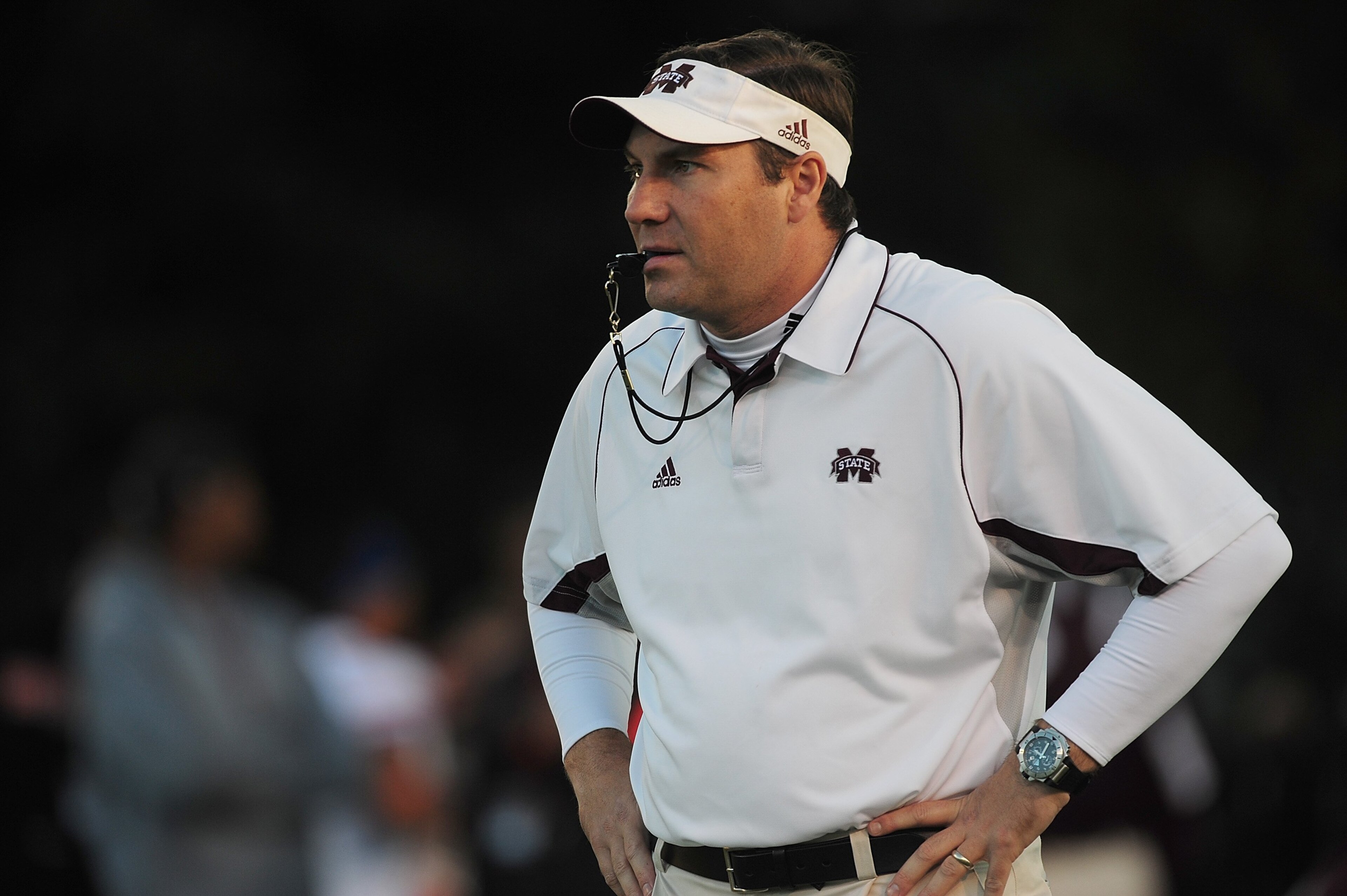 STARKVILLE, MS - OCTOBER 24:  Head coach Dan Mullen of the Mississippi State Bulldogs, during pre game warm up against the Florida Gators, at Davis Wade Stadium on  October 24, 2009 in Starkville, Mississippi  (Photo by Rick Dole/Getty Images)