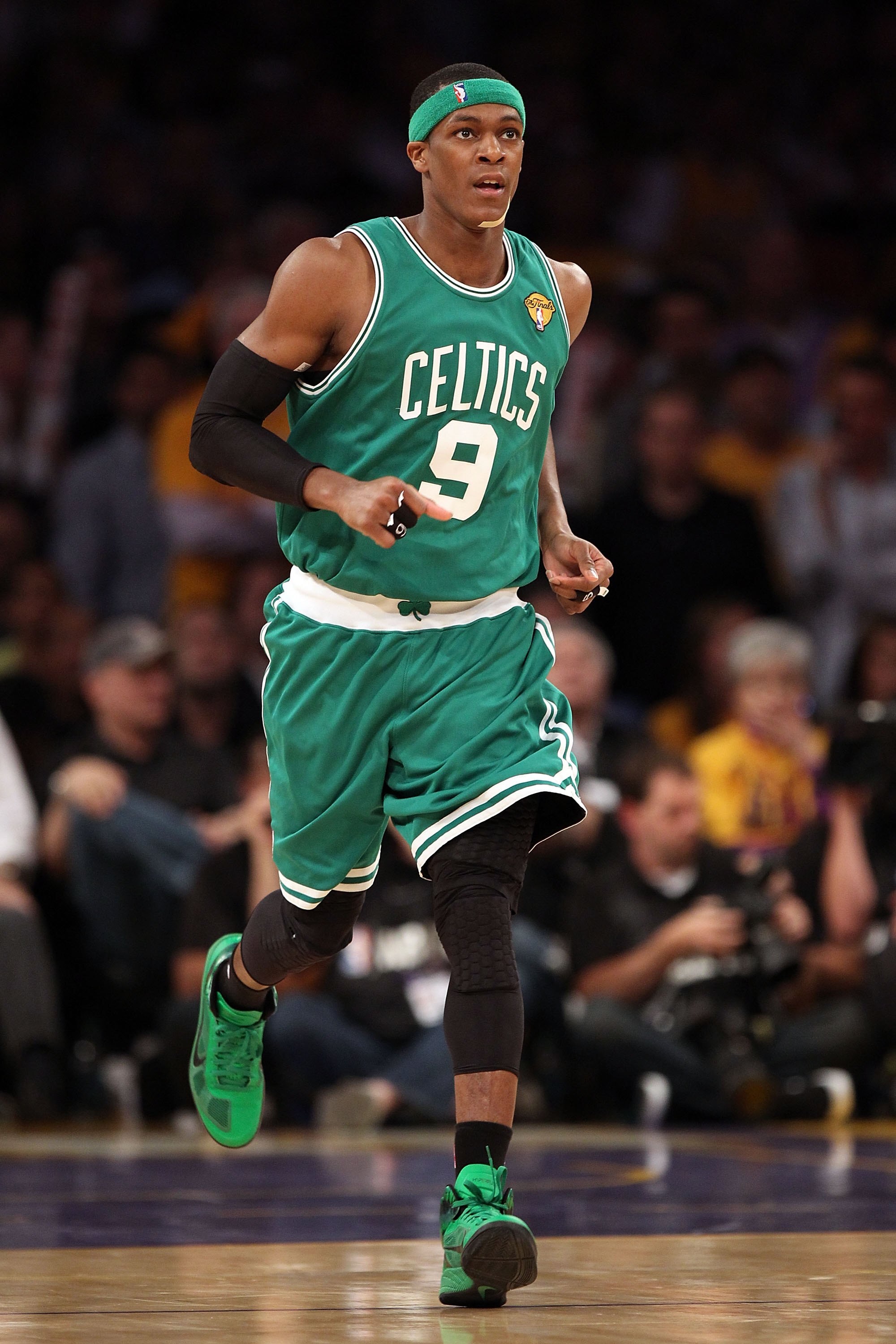 LOS ANGELES, CA - JUNE 17:  Rajon Rondo #9 of the Boston Celtics looks on while taking on the Los Angeles Lakers in Game Seven of the 2010 NBA Finals at Staples Center on June 17, 2010 in Los Angeles, California.  NOTE TO USER: User expressly acknowledges