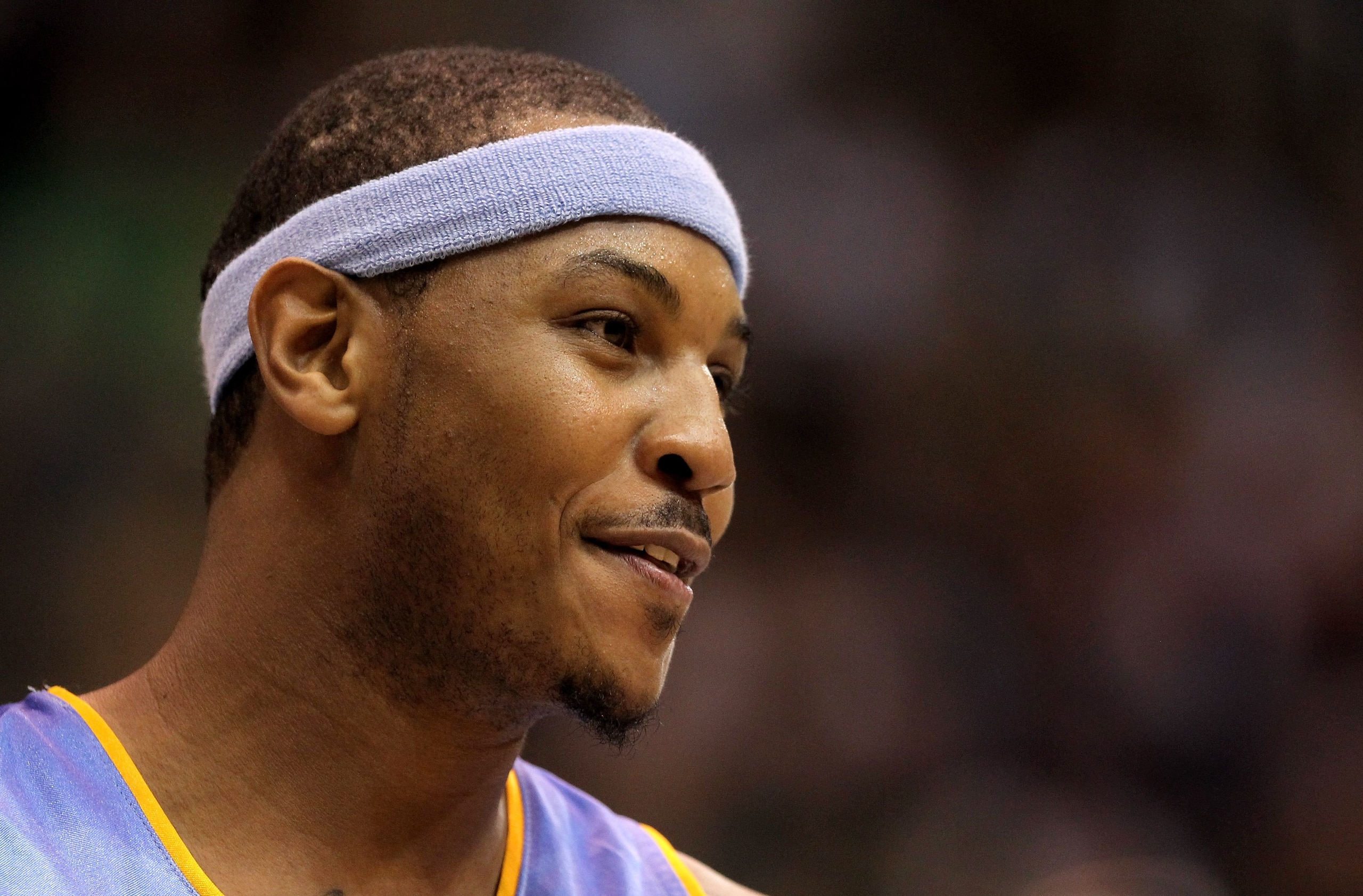 SALT LAKE CITY - APRIL 30:  Carmelo Anthony #15 of the Denver Nuggets stands on the court during their game against the Utah Jazz in Game Six of the Western Conference Quarterfinals of the 2010 NBA Playoffs at EnergySolutions Arena on April 30, 2010 in Sa