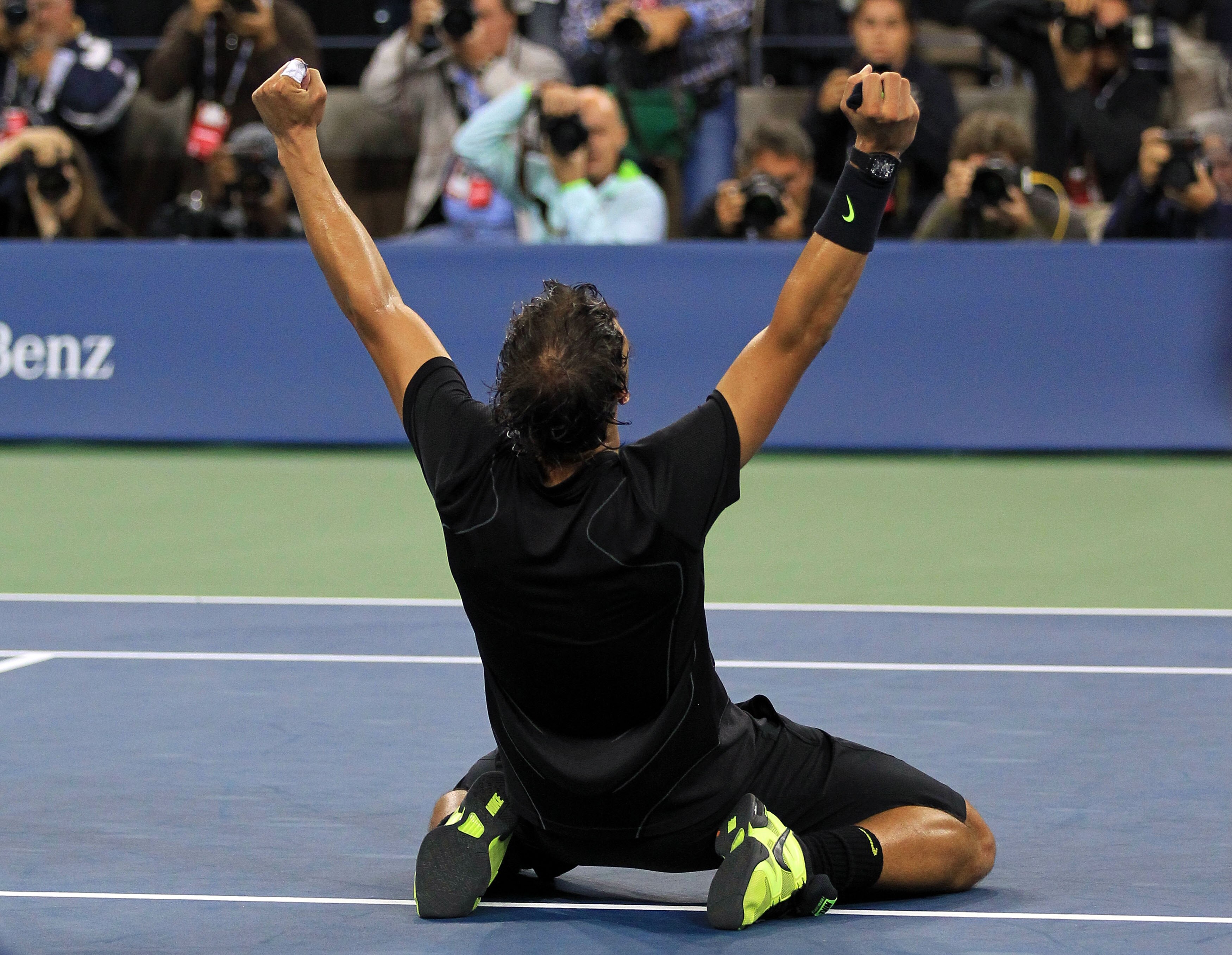 NEW YORK - SEPTEMBER 13:  Rafael Nadal of Spain falls to his knees in celebration of his win over Novak Djokovic of Serbia during their men's singles final on day fifteen of the 2010 U.S. Open at the USTA Billie Jean King National Tennis Center on Septemb