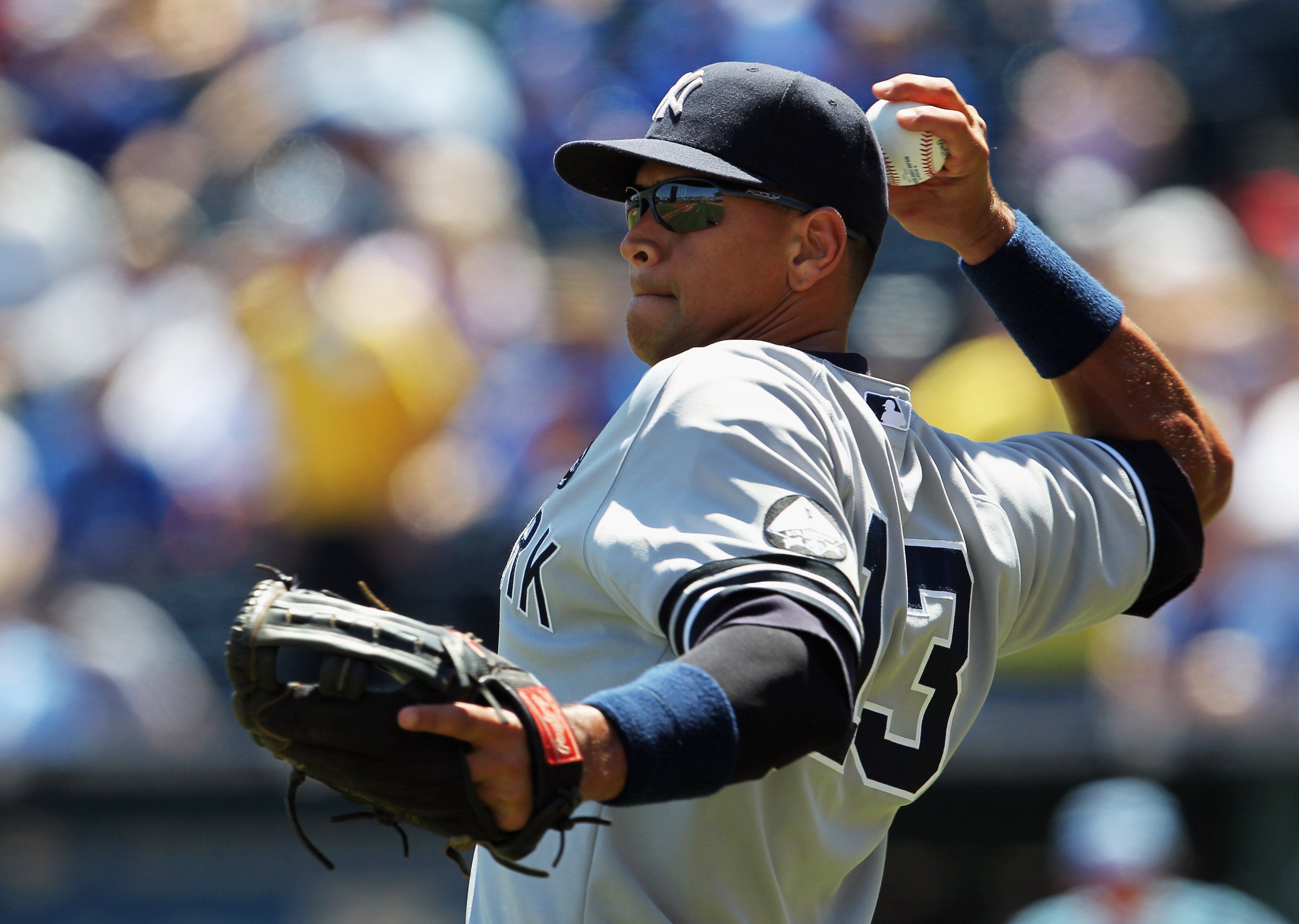 KANSAS CITY, MO - AUGUST 15:  Alex Rodriguez # 13 of the New York Yankees warms up prior to the game against the Kansas City Royals on August 15, 2010 at Kauffman stadium in Kansas City, Missouri.  (Photo by Jamie Squire/Getty Images)