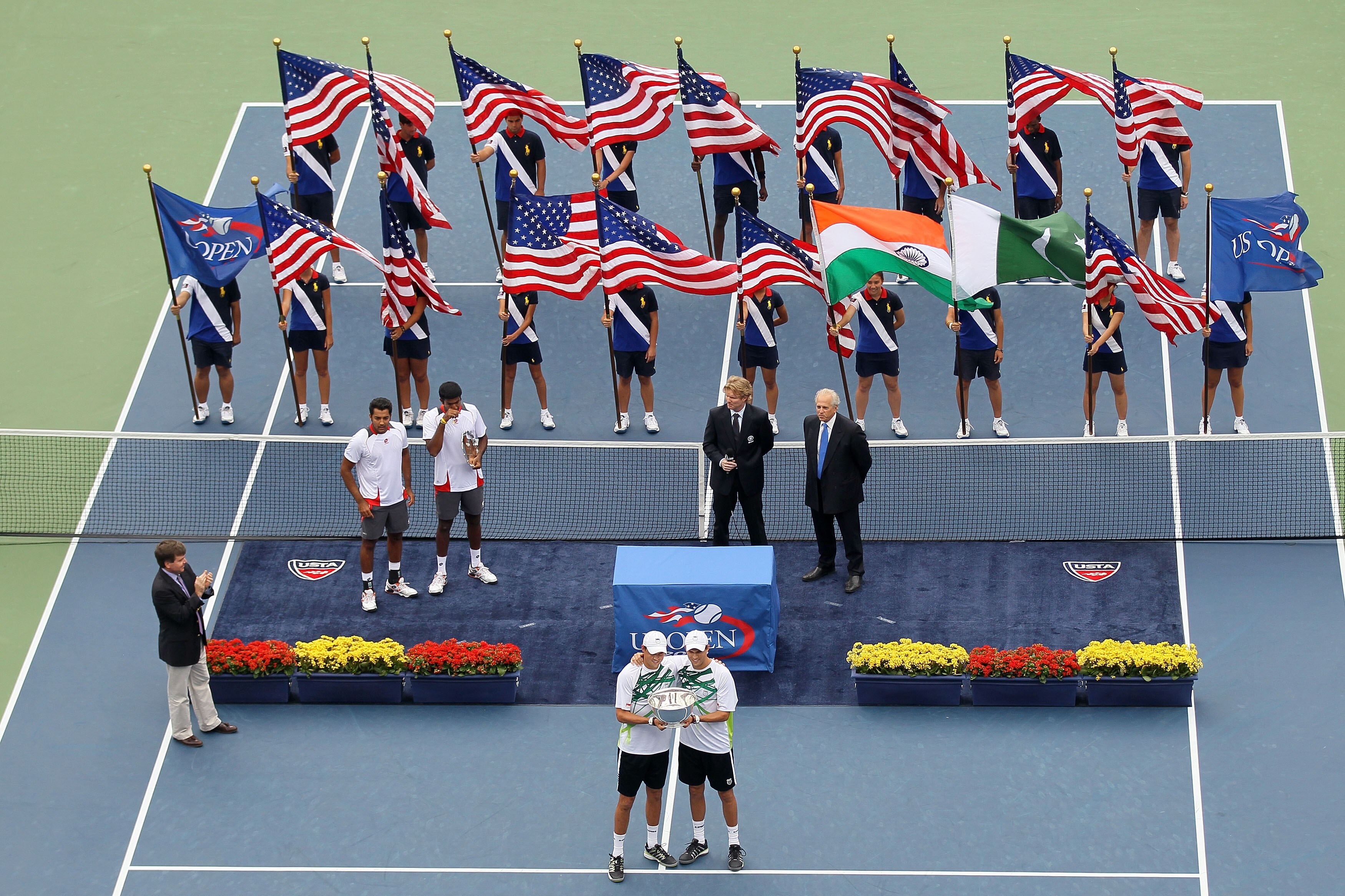 NEW YORK - SEPTEMBER 10:  (L-R) Aisam-Ul-Haq Qureshi of Pakistan, Rohan Bopanna of India, Bob Bryan of the United States and Mike Bryan of the United States hold their trophies after the men's doubles final on day twelve of the 2010 U.S. Open at the USTA