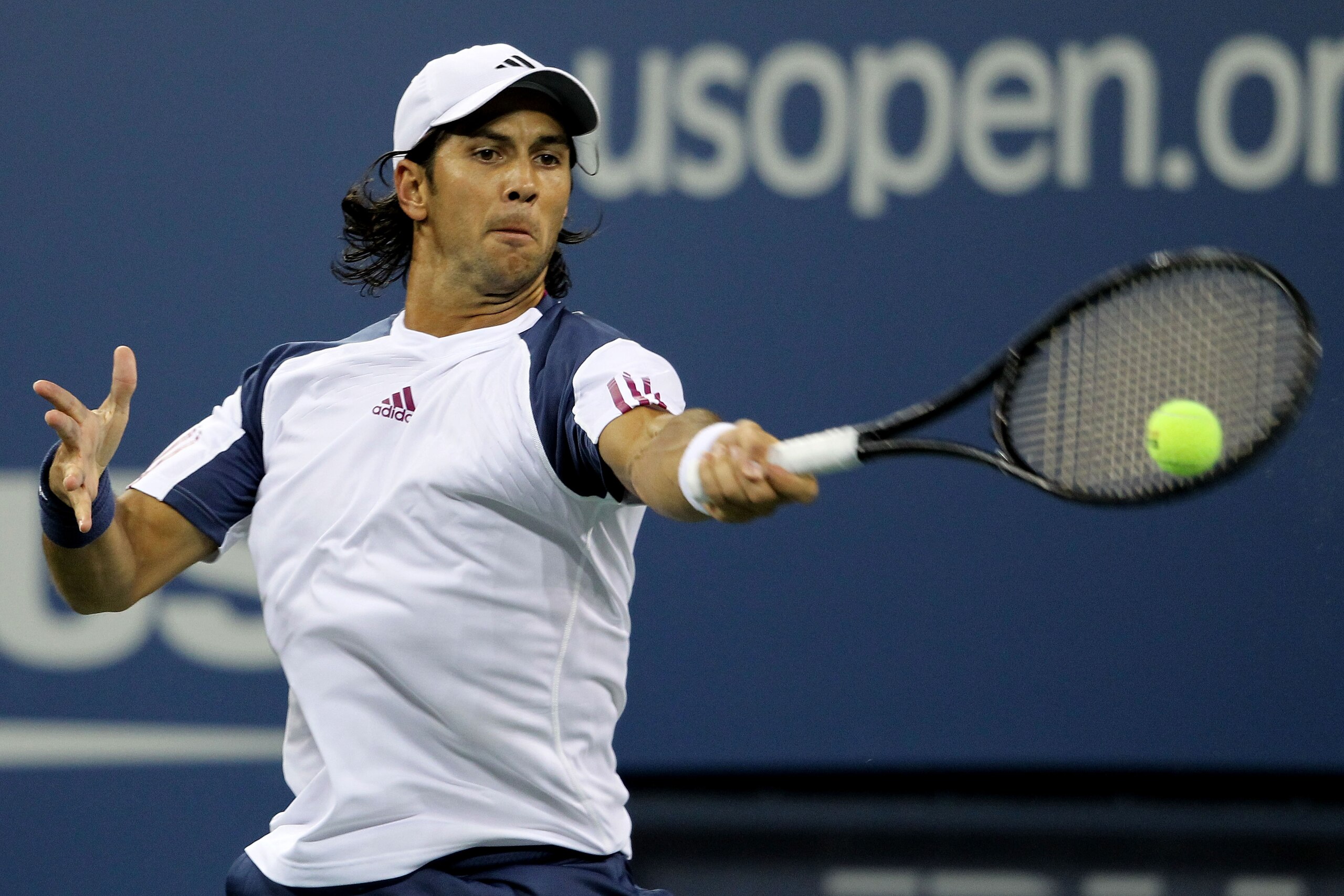 NEW YORK - SEPTEMBER 09:  Fernando Verdasco of Spain returns a shot against Rafael Nadal of Spain during his men's single quarterfinal match on day eleven of the 2010 U.S. Open at the USTA Billie Jean King National Tennis Center on September 9, 2010 in th