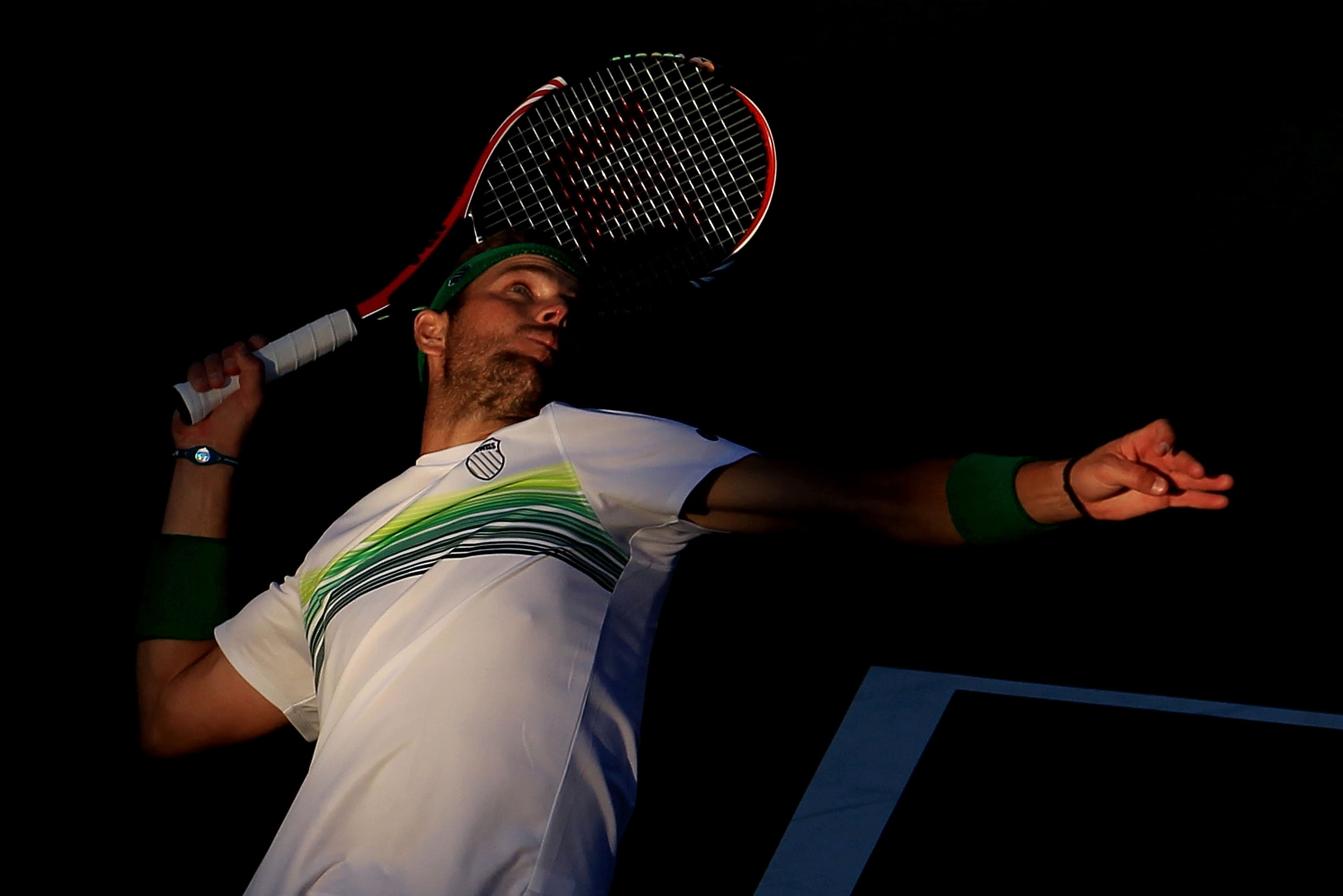 NEW YORK - SEPTEMBER 04:  Mardy Fish of the United States serves against Arnaud Clement of France during his men's singles match on day six of the 2010 U.S. Open at the USTA Billie Jean King National Tennis Center on September 4, 2010 in the Flushing neig