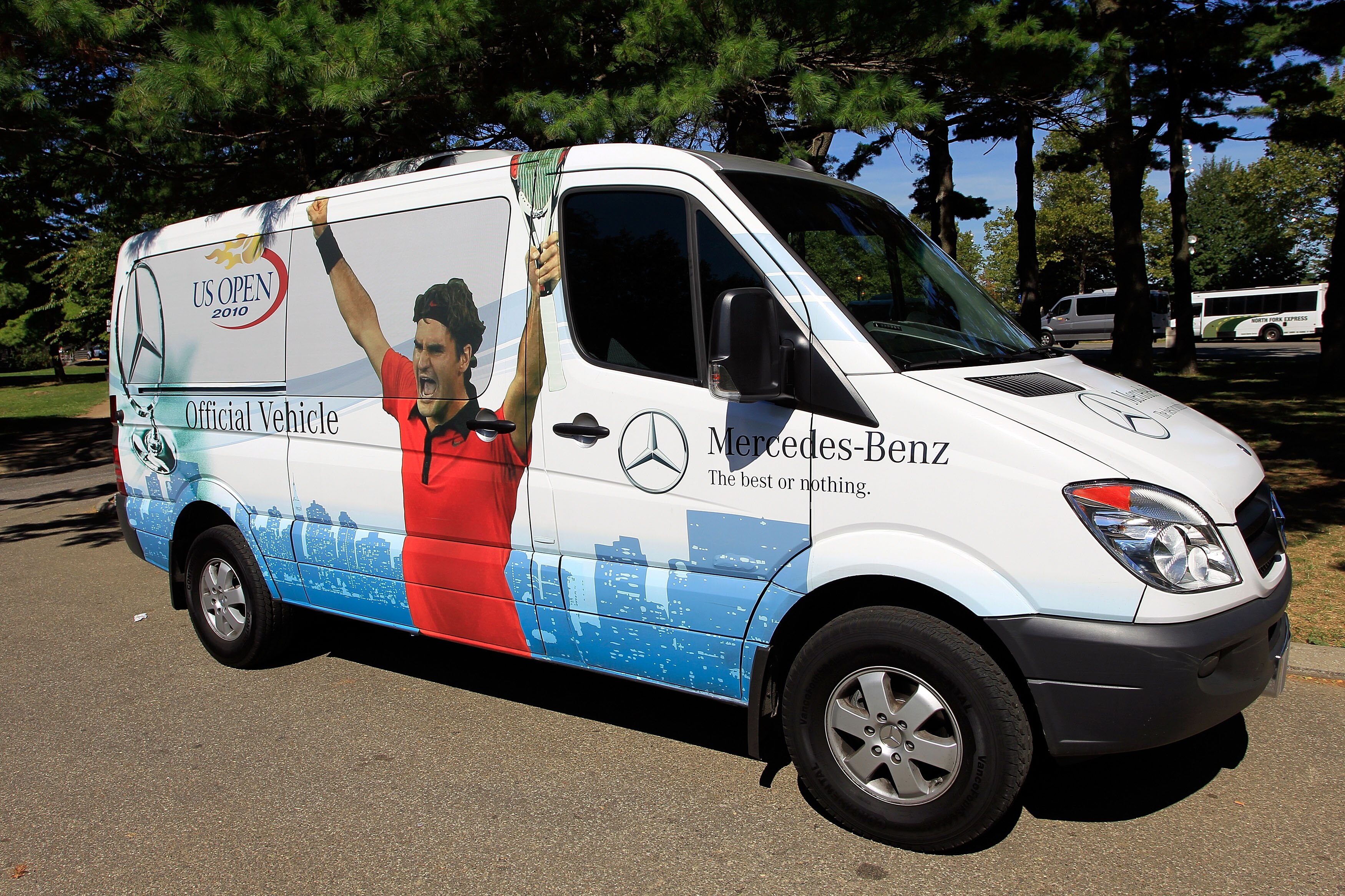 NEW YORK - SEPTEMBER 06:  A US Open courtsey vehicle is seen with a picture of Roger Federer on it during day eight of the 2010 U.S. Open at the USTA Billie Jean King National Tennis Center on September 6, 2010 in the Flushing neighborhood of the Queens b