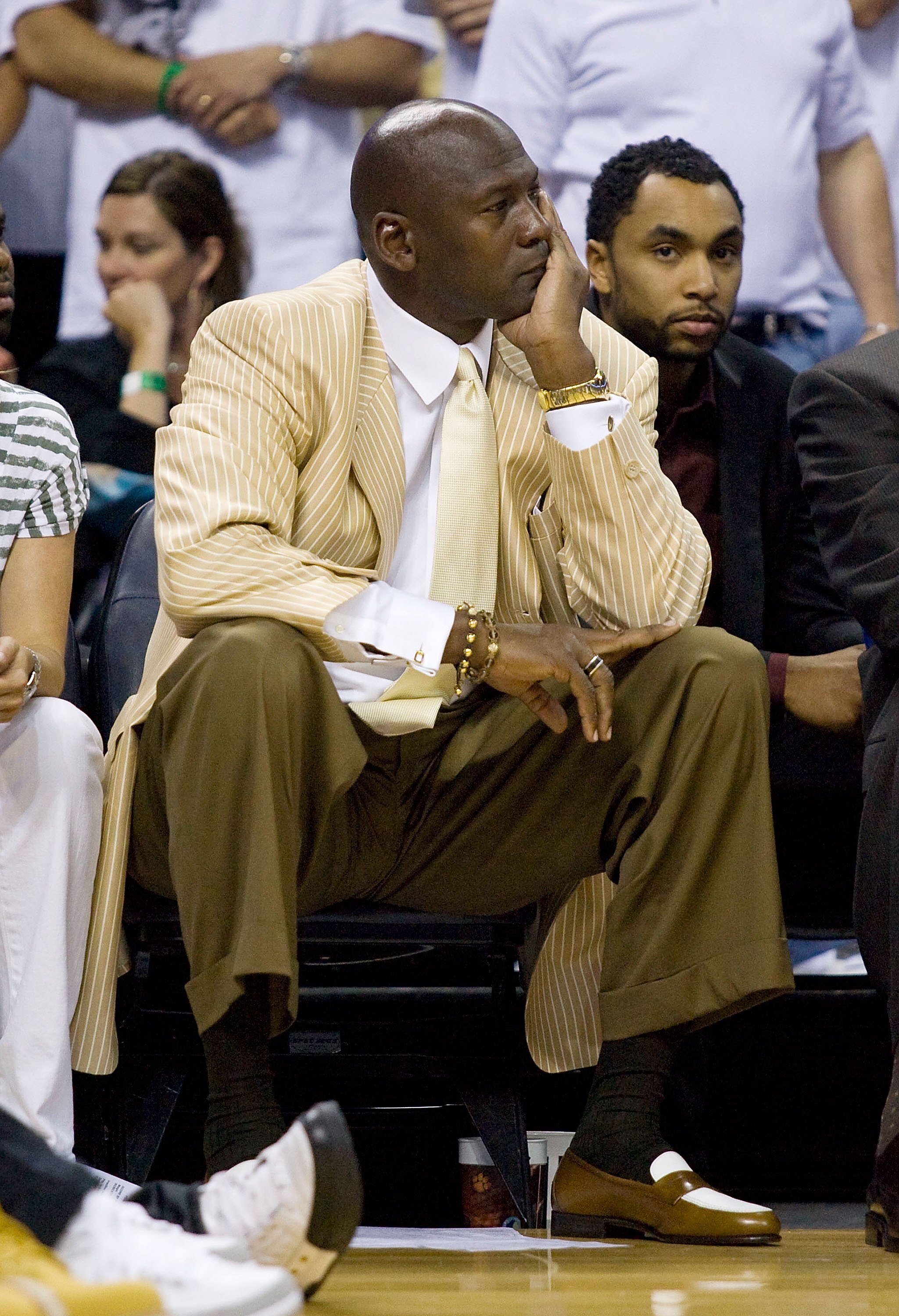 CHARLOTTE, NC - APRIL 26: Charlotte Bobcats principal owner Michael Jordan watches in disappointment as time runs down against the Orlando Magic at Time Warner Cable Arena on April 26, 2010 in Charlotte, North Carolina.  The Magic defeated the Bobcats 99-