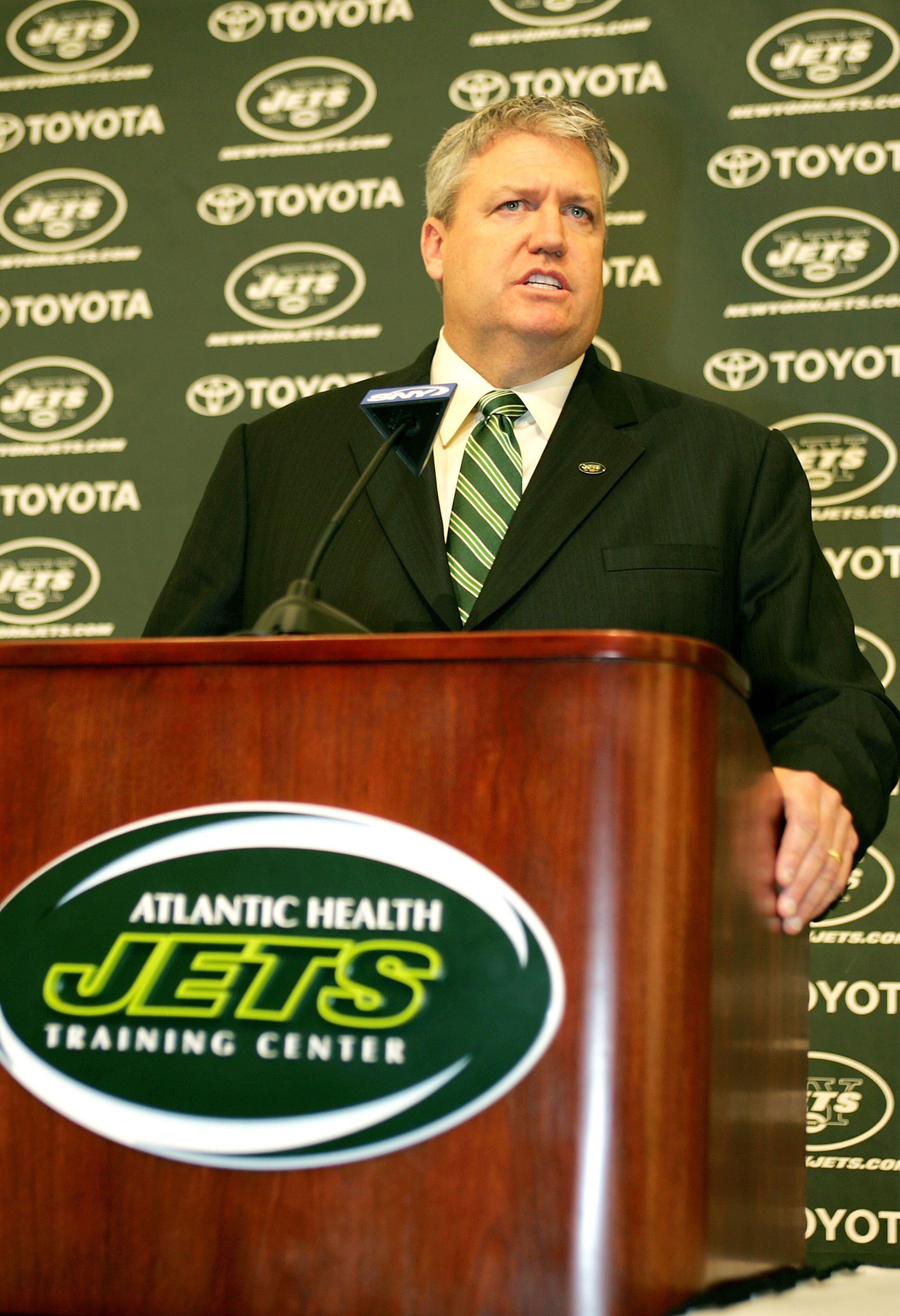 FLORHAM PARK, NJ - JANUARY 21: Rex Ryan addresses the media during a press conference announcing Ryan as the new Head Coach of the New York Jets at the Atlantic Health Jets Training Center on January 21, 2009 in Florham Park, New Jersey.  (Photo by Andy M