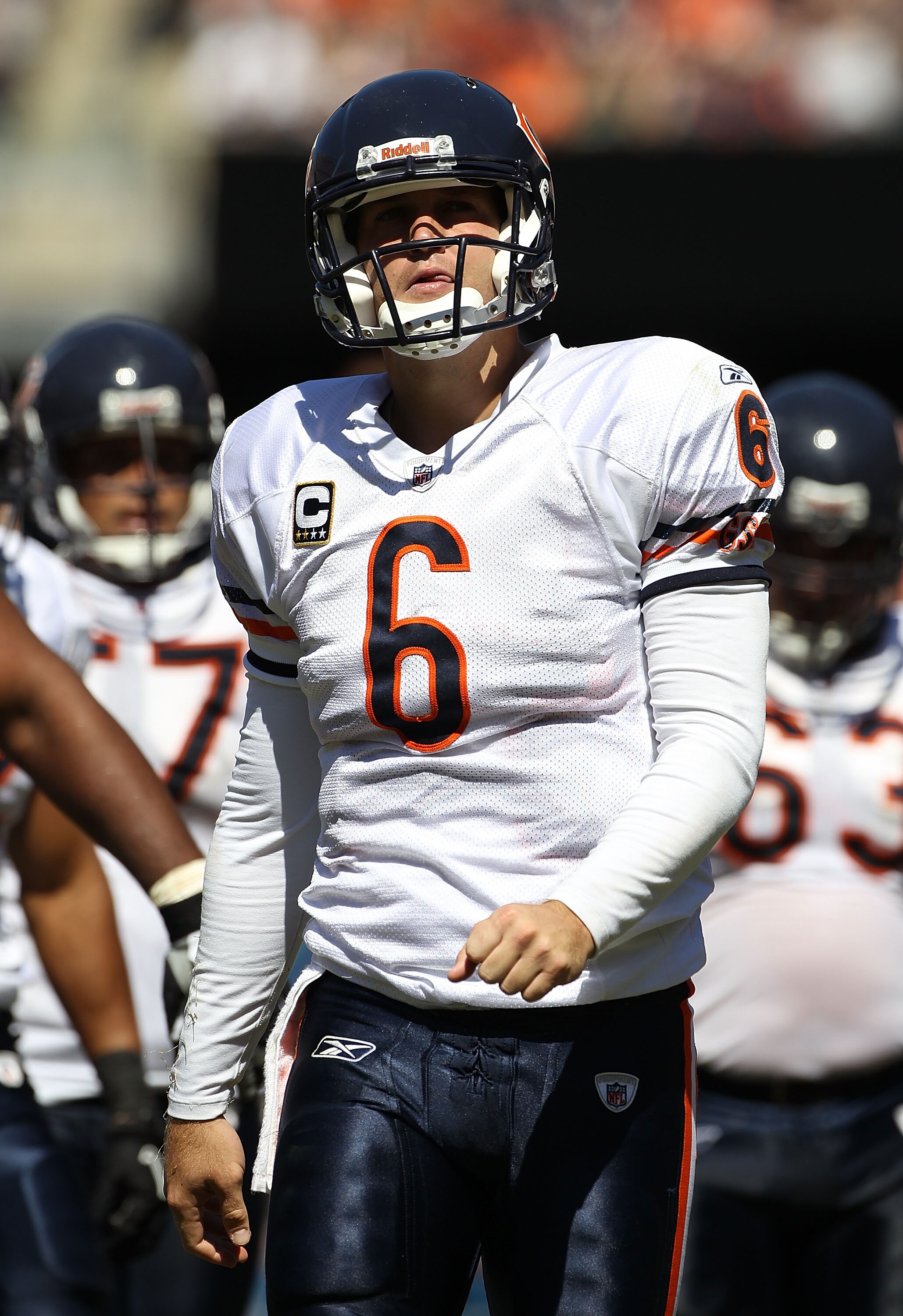 CHICAGO - SEPTEMBER 12: Jay Cutler #6 of the Chicago Bears looks up at the replay board during a time out against the Detroit Lions during the NFL season opening game at Soldier Field on September 12, 2010 in Chicago, Illinois. The Bears defeated the Lion