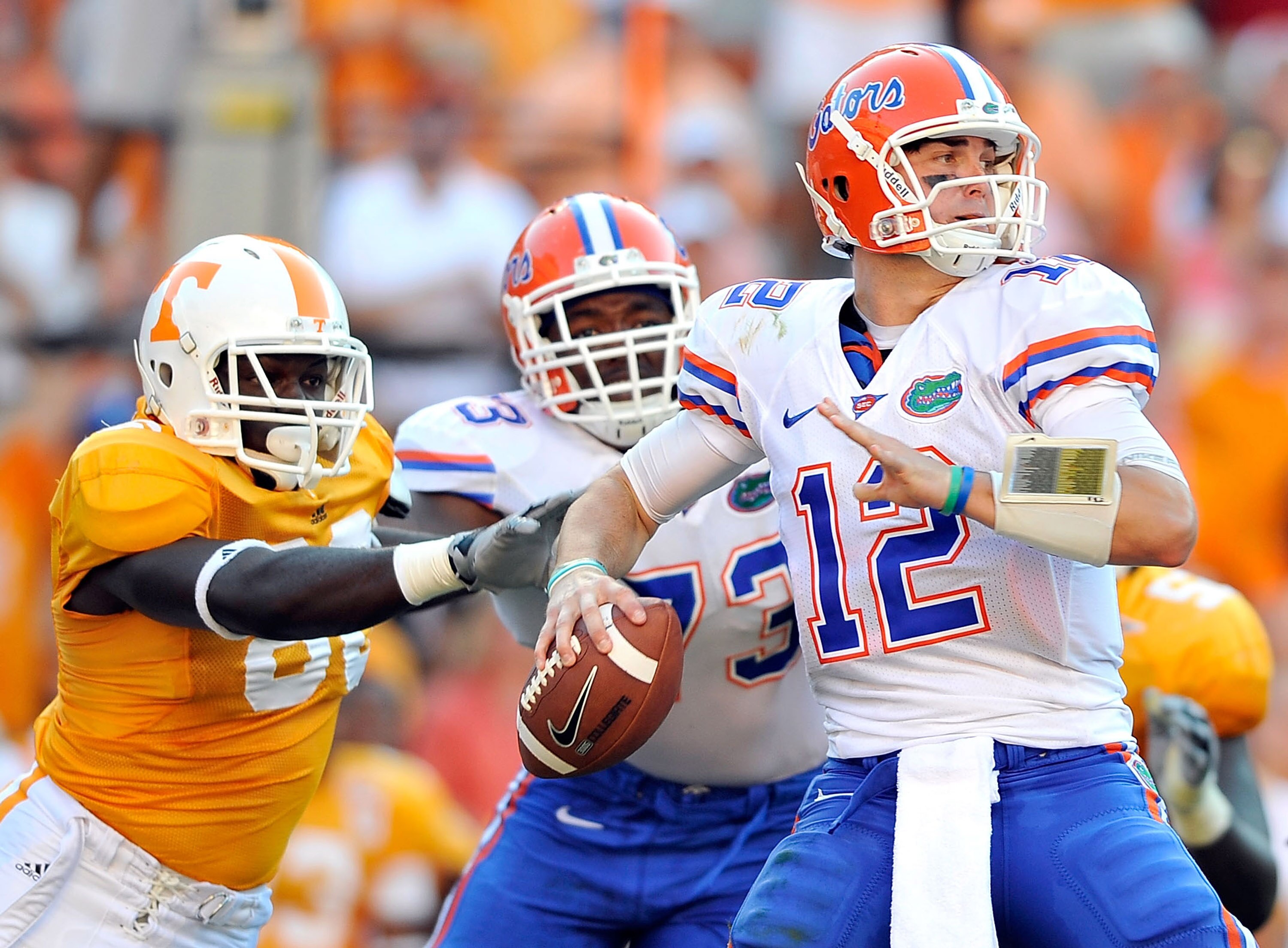 KNOXVILLE, TN - SEPTEMBER 18:  Quarterback John Brantley #12 of the Florida Gators drops back to pass against the Tennessee Volunteers at Neyland Stadium on September 18, 2010 in Knoxville, Tennessee.  (Photo by Grant Halverson/Getty Images)